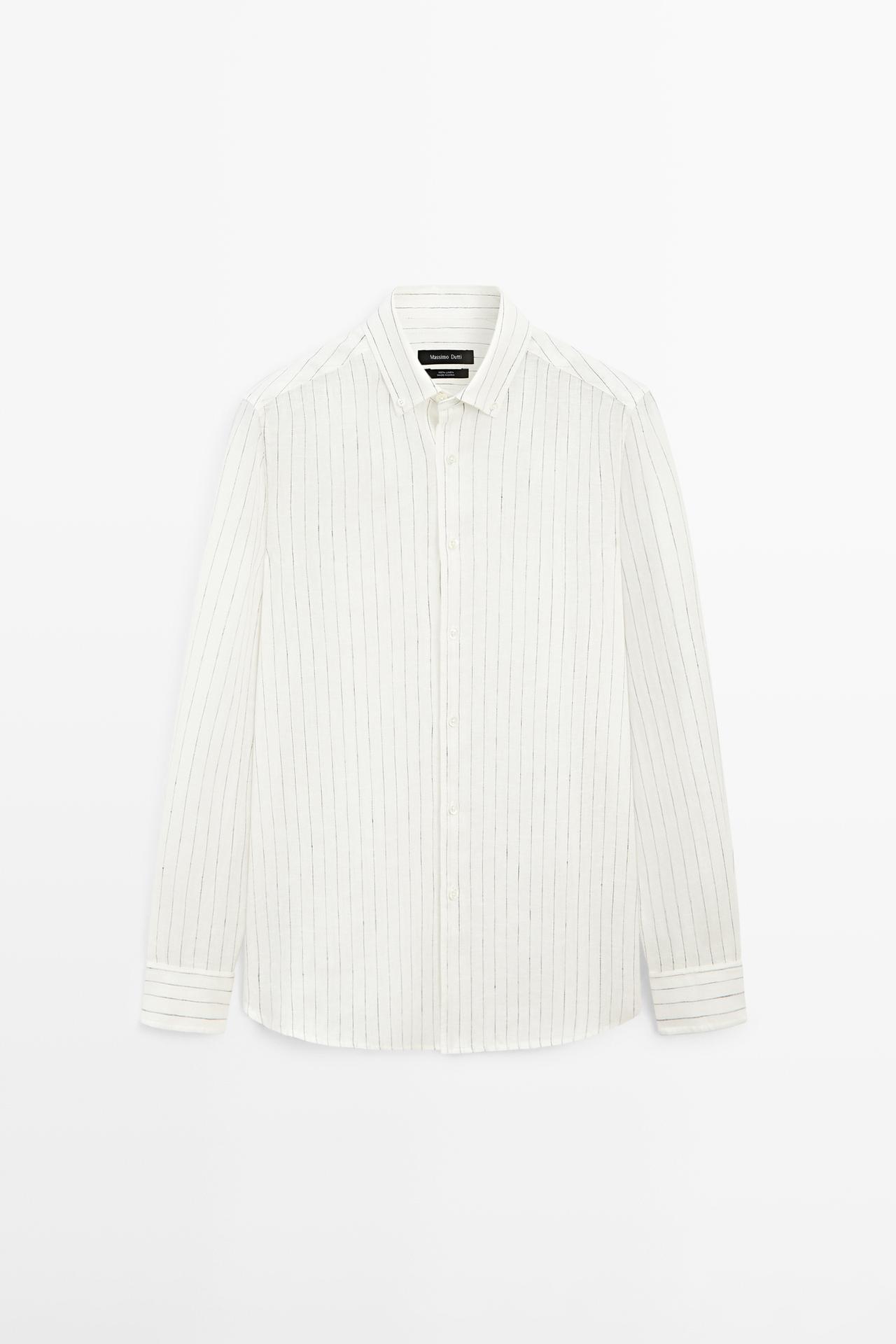 100% linen regular fit striped shirt — CREAM