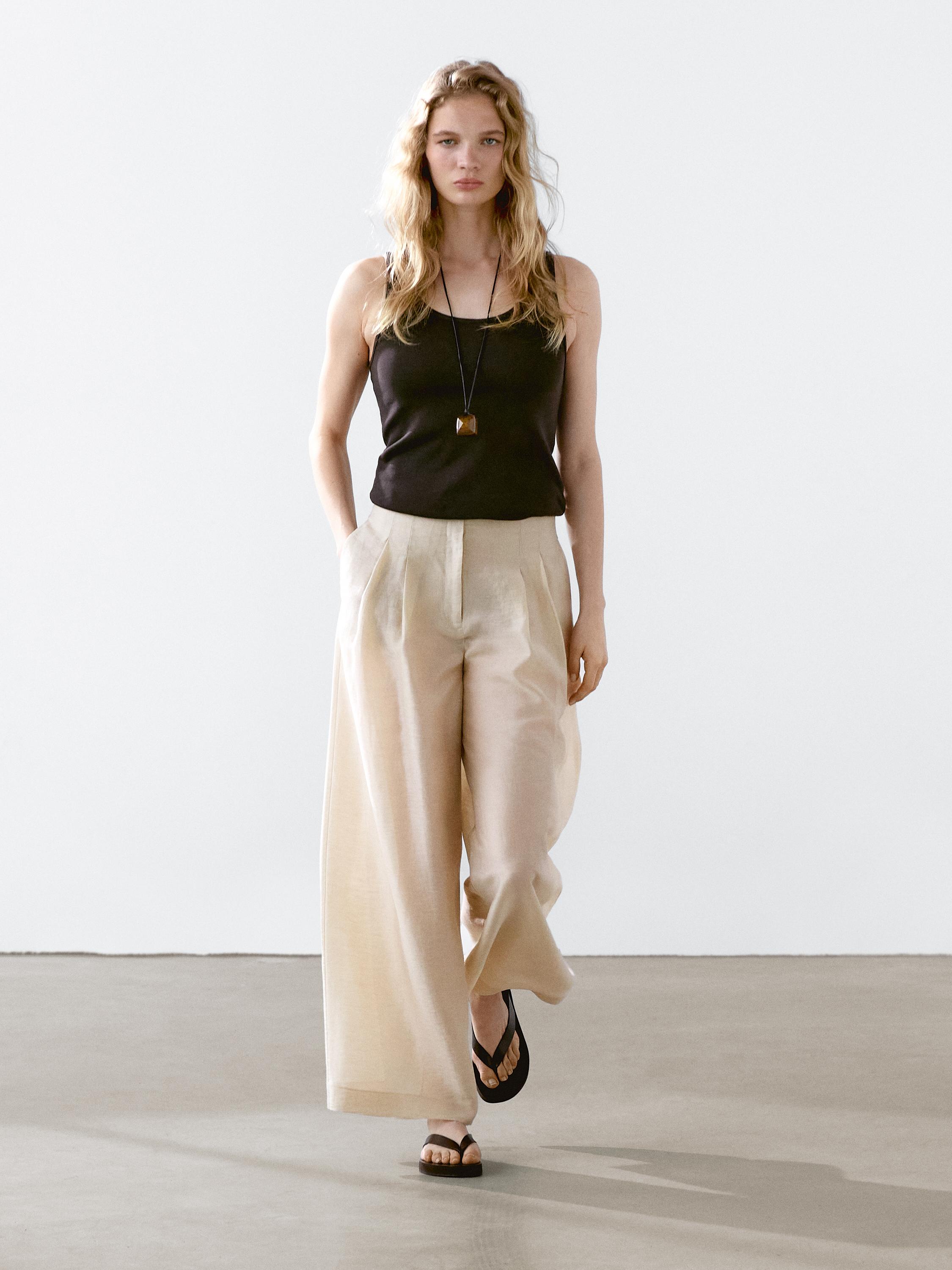 Pantalón pinzas fluido con lino DORADO 3