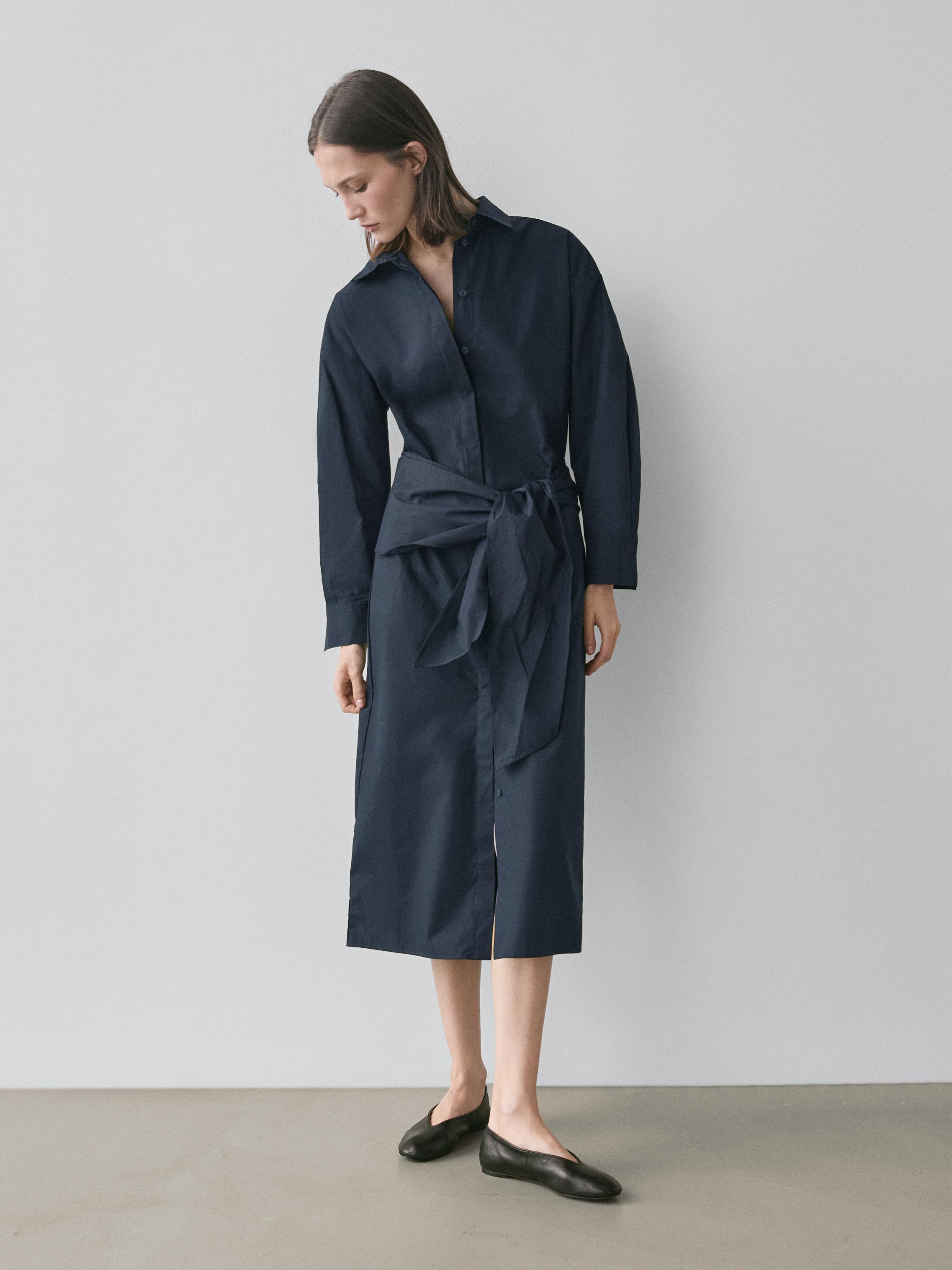 Midi shirt dress with scarf detail — BLUE