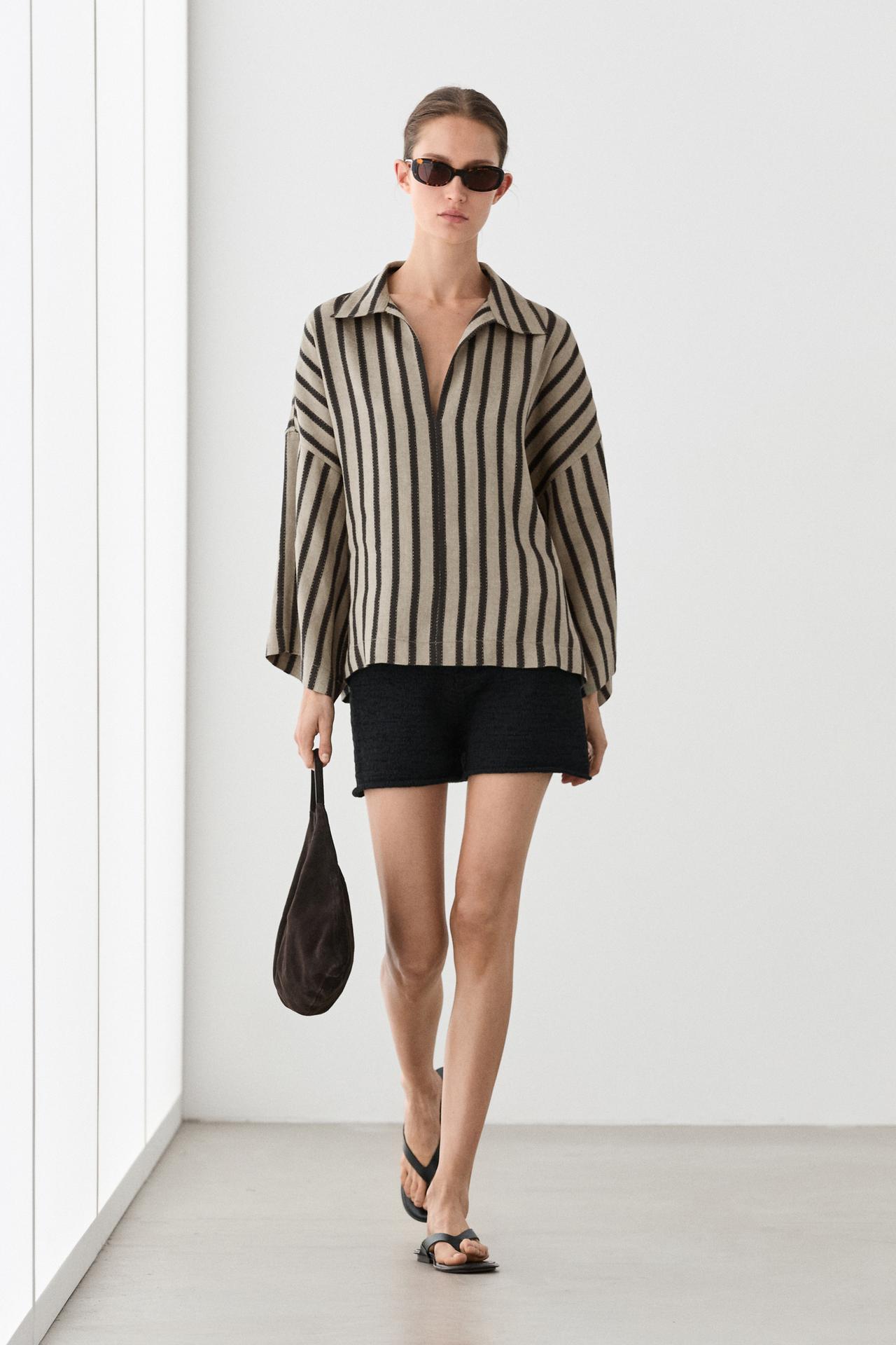 Oversize striped linen blend blouse — SAND