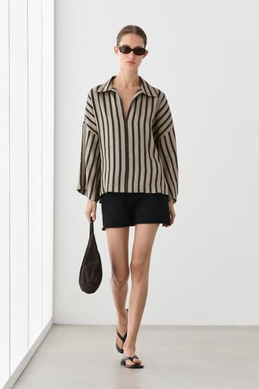 Oversize striped linen blend blouse — SAND 1