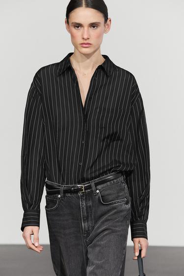 Striped flowing shirt with pocket detail — BLACK 3