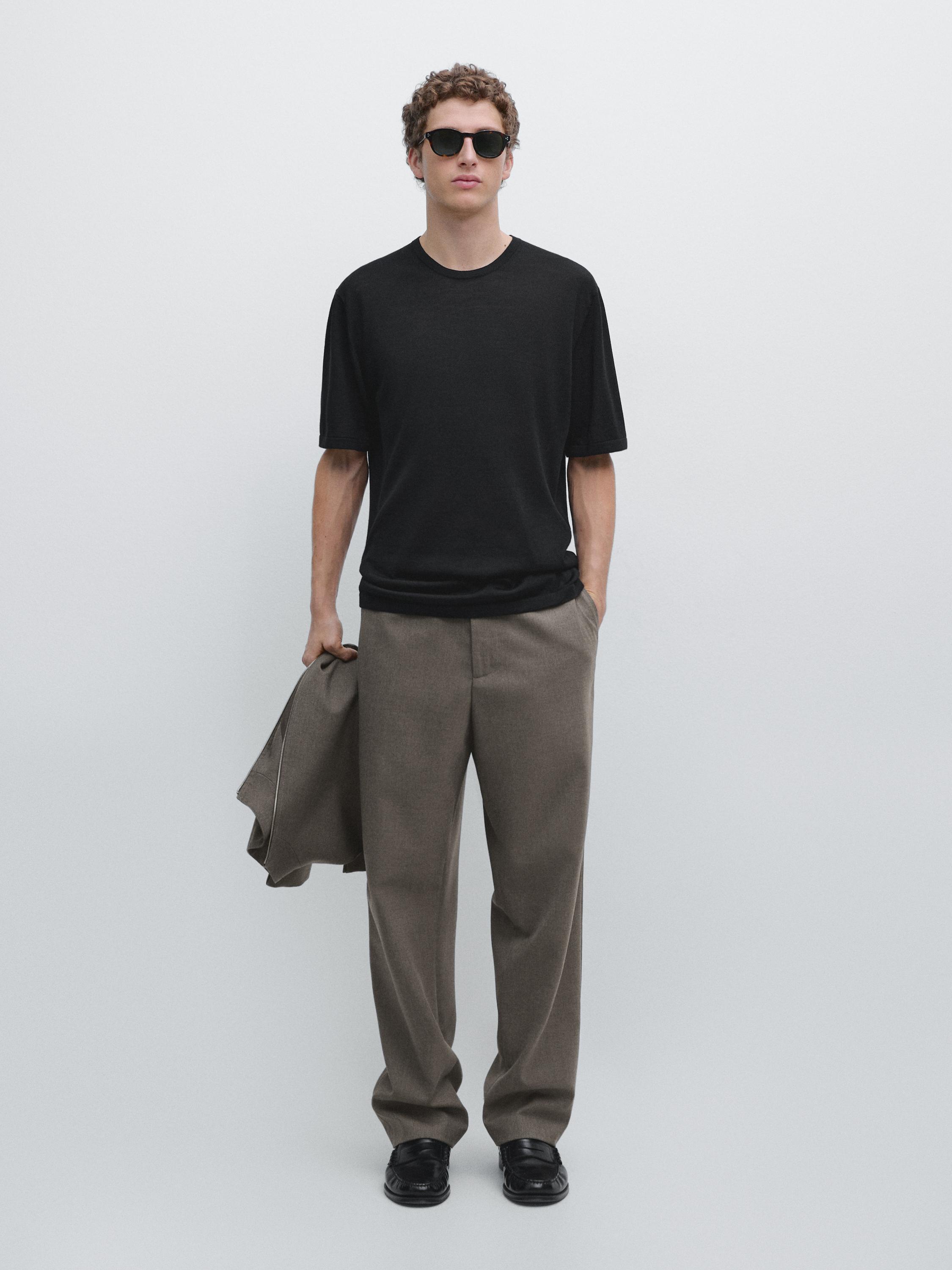 Wool-blend short-sleeve knit sweater — BLACK