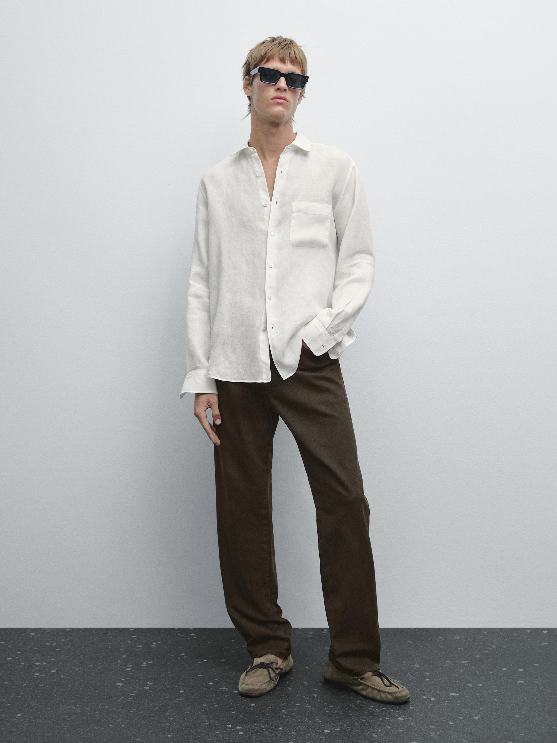 Camisa Regular Fit Detalle Bolsillo - Beige - L - Massimo Dutti - Hombre