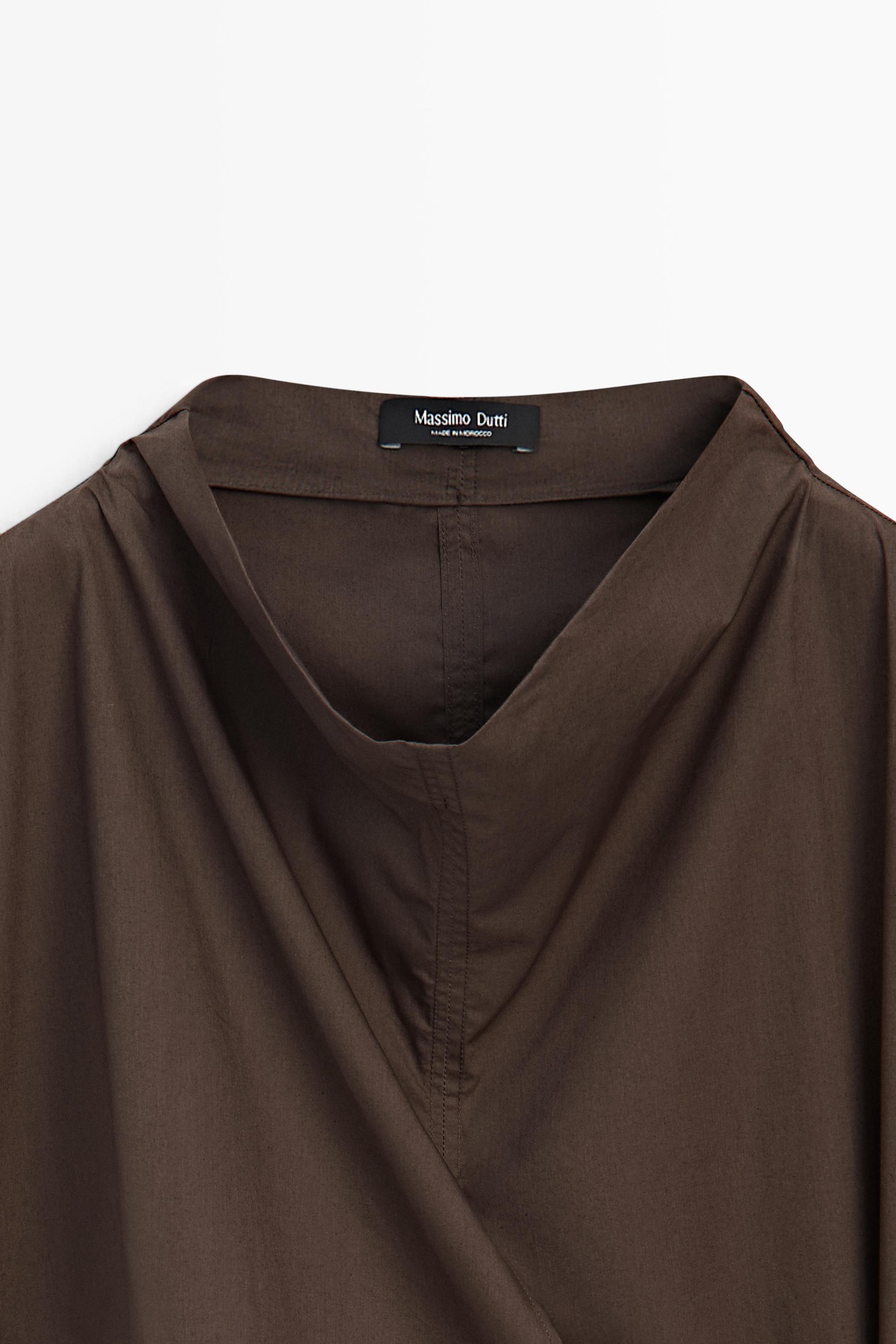 100% cotton draped poplin dress — BROWN