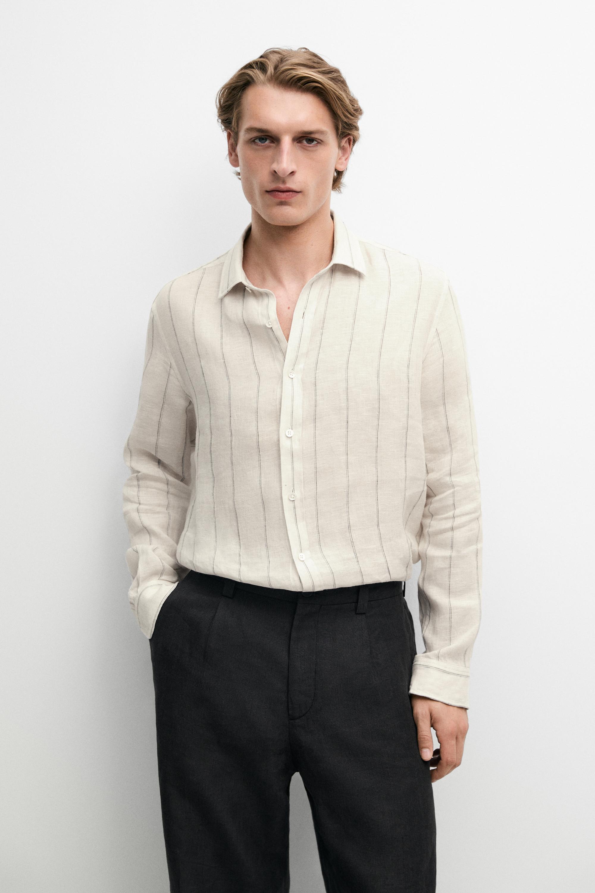 100% linen regular fit striped shirt