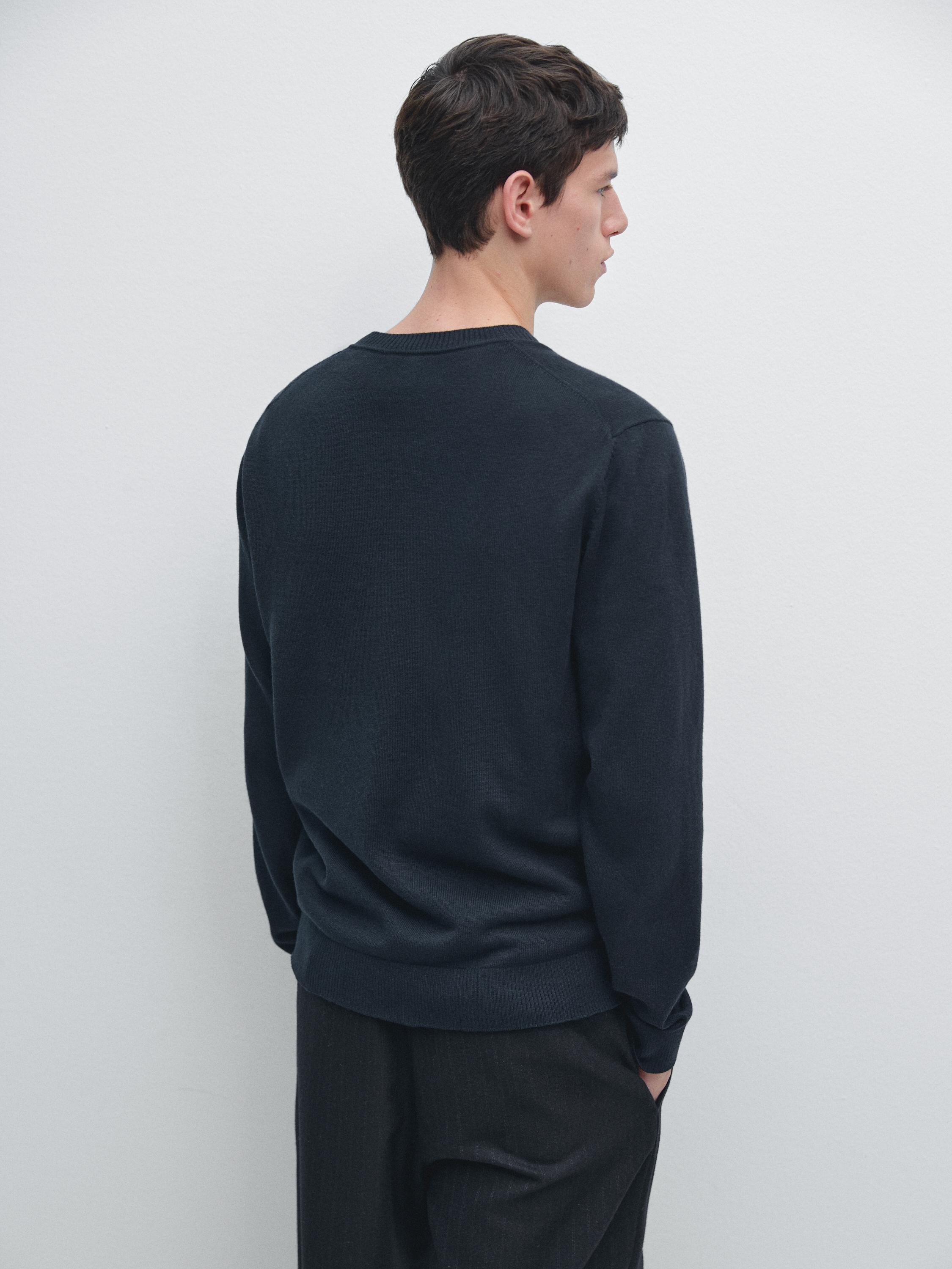 Knit cotton and wool sweater with crew neck — NAVY BLUE