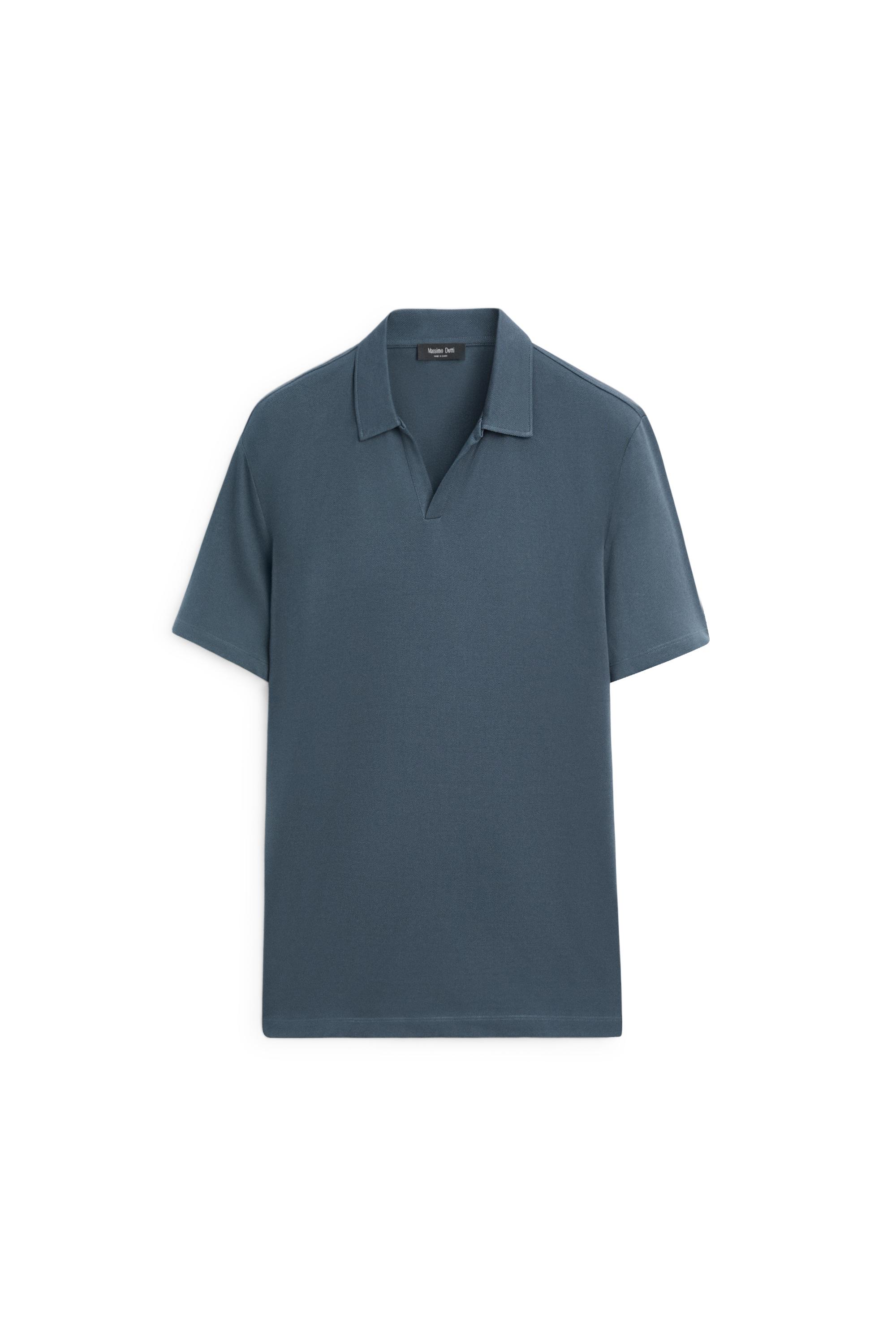 Micro-textured V-neck piqué polo shirt — DARK BLUE