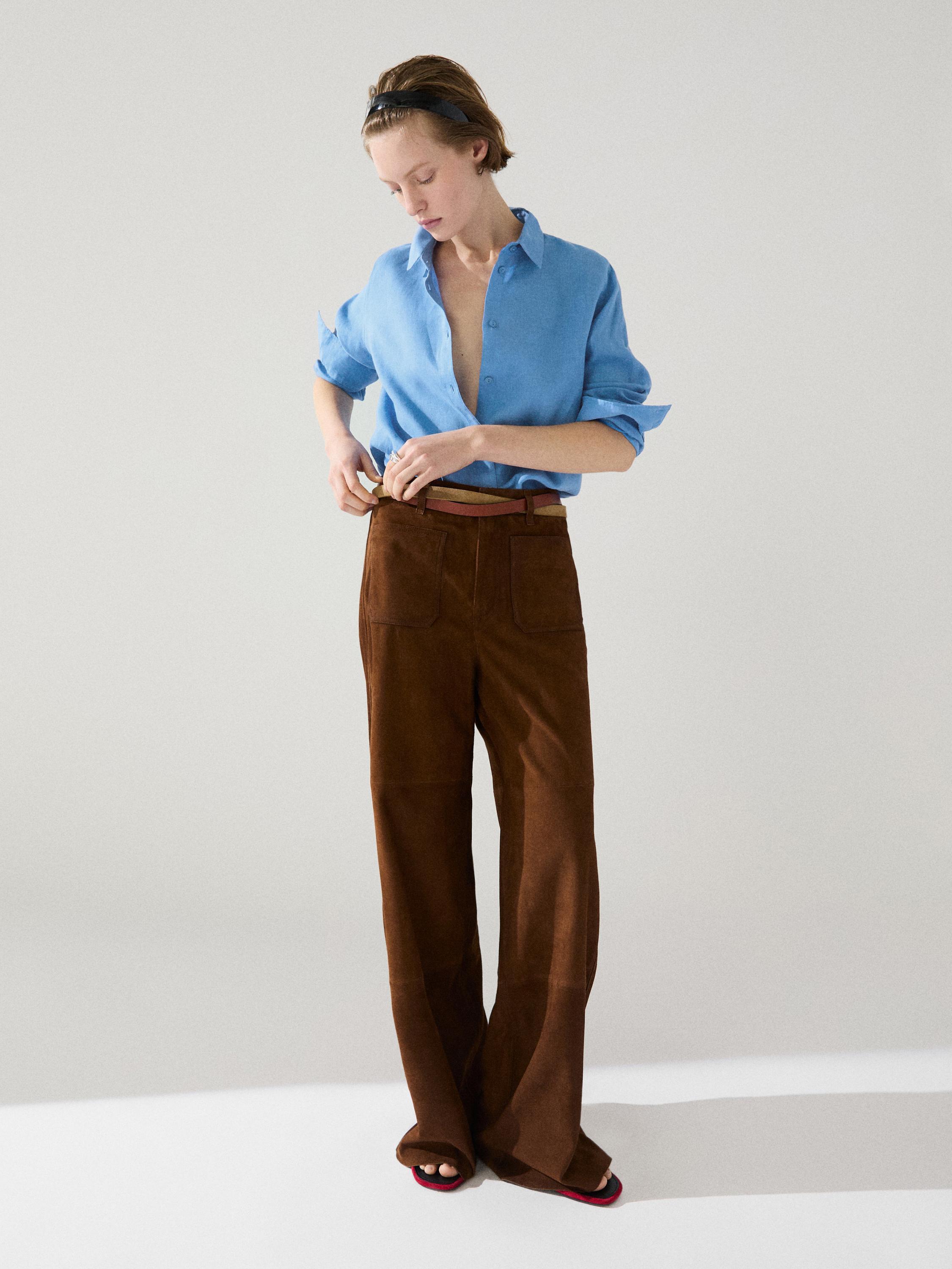 Suede leather wide-leg trousers with pockets — BROWN