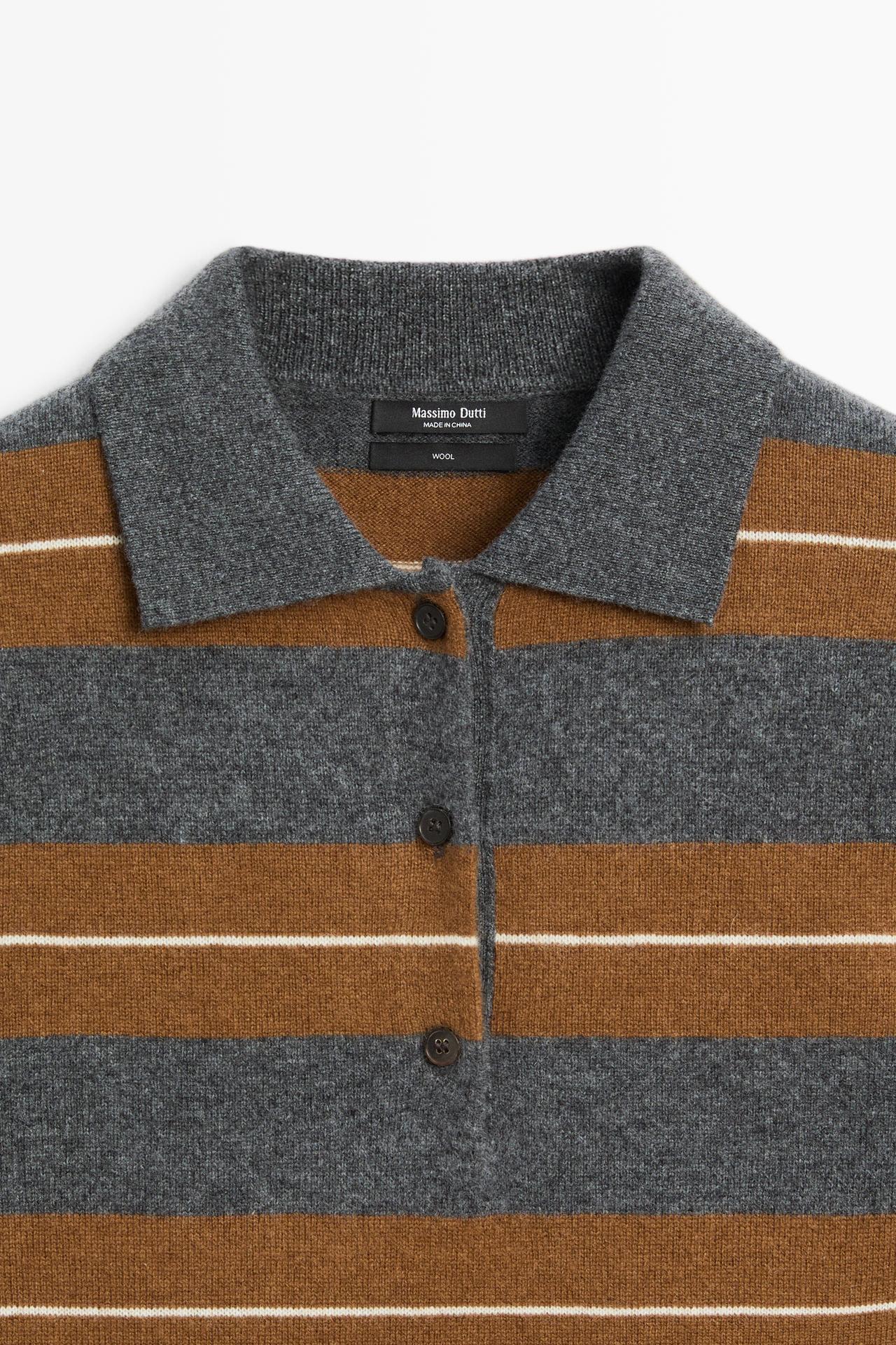 100% wool striped knit polo — MEDIUM GREY