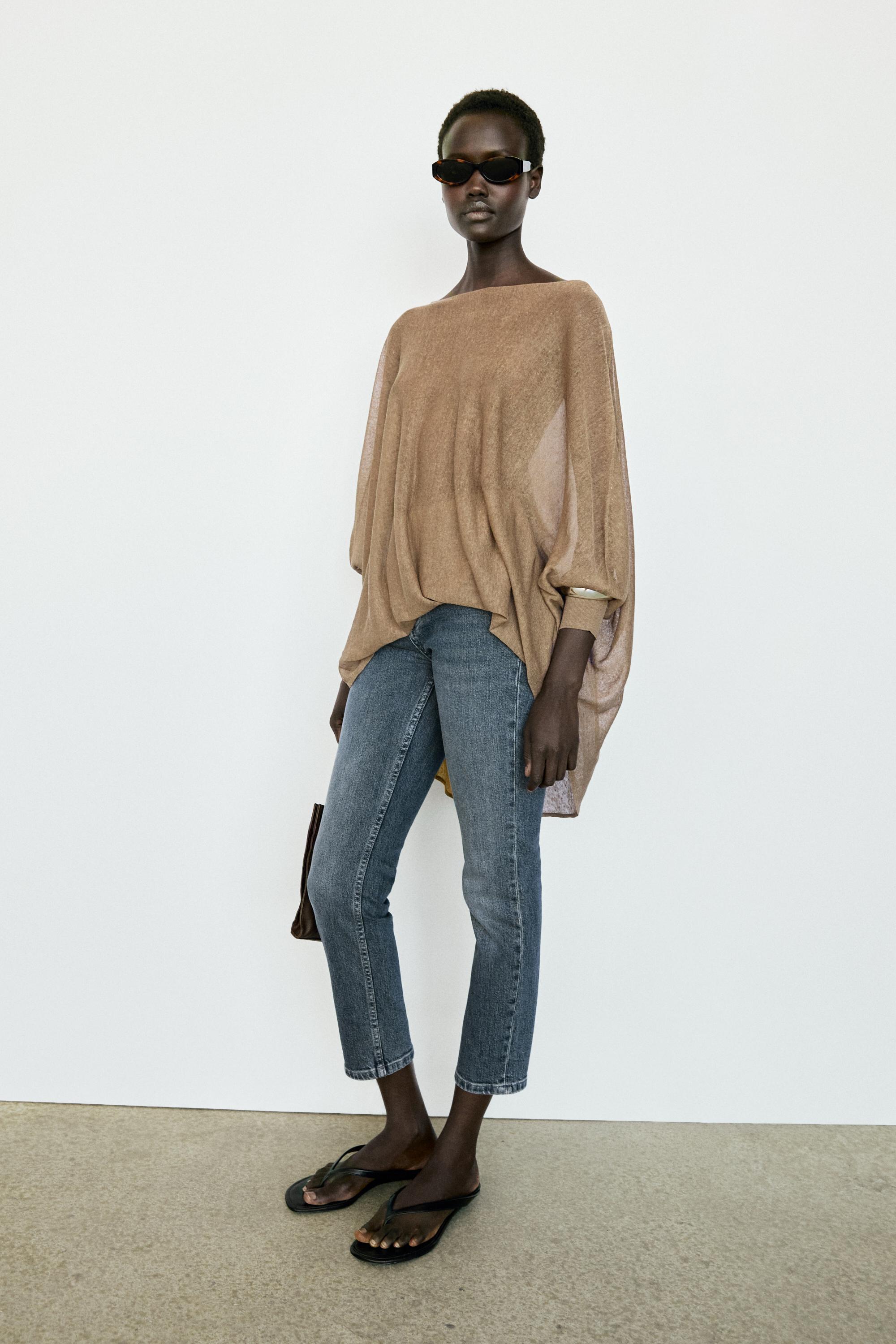 Linen blend flowing cape-style sweater — MOSS GREEN