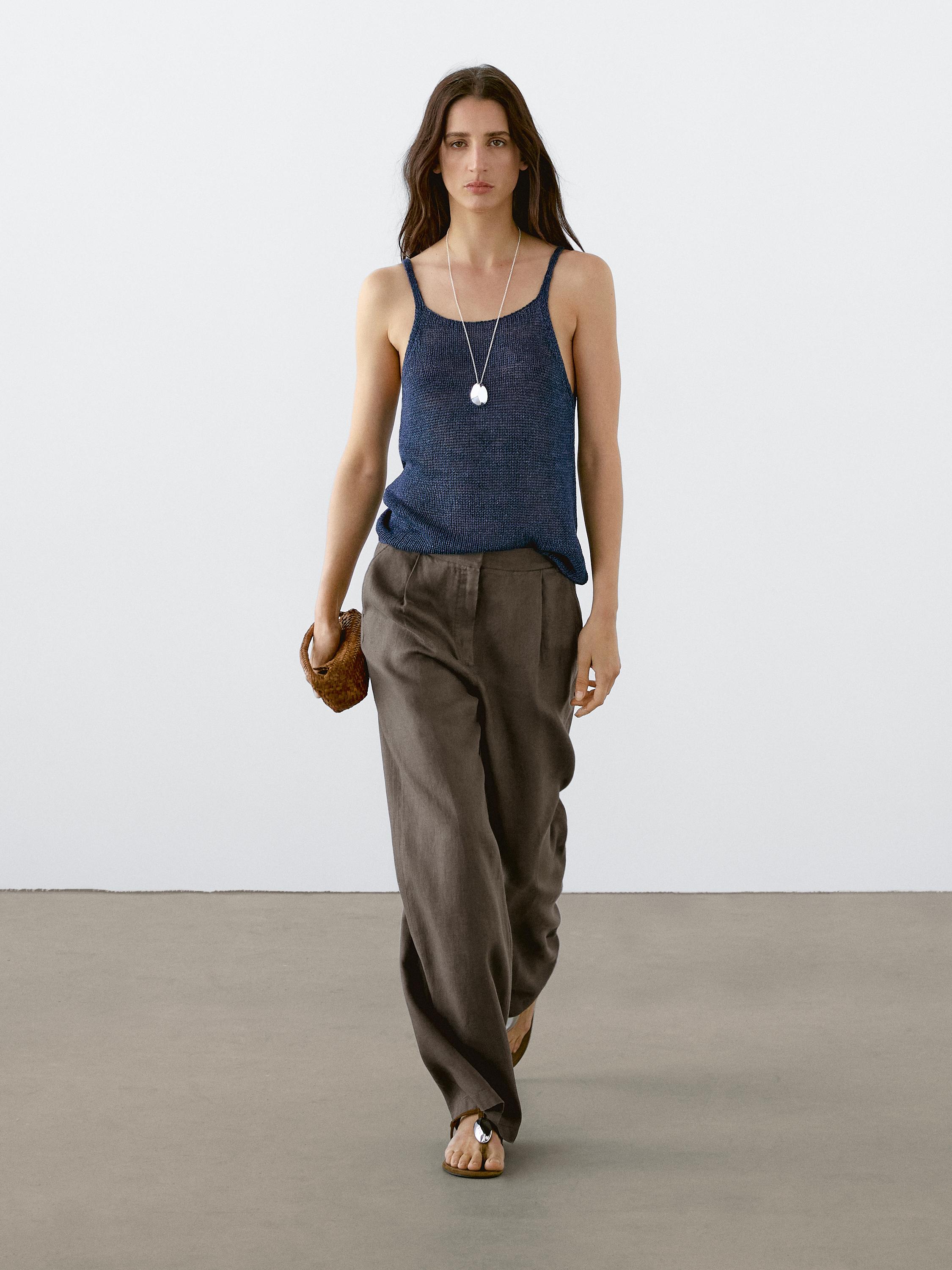 100% linen wide-leg elastic detail trousers