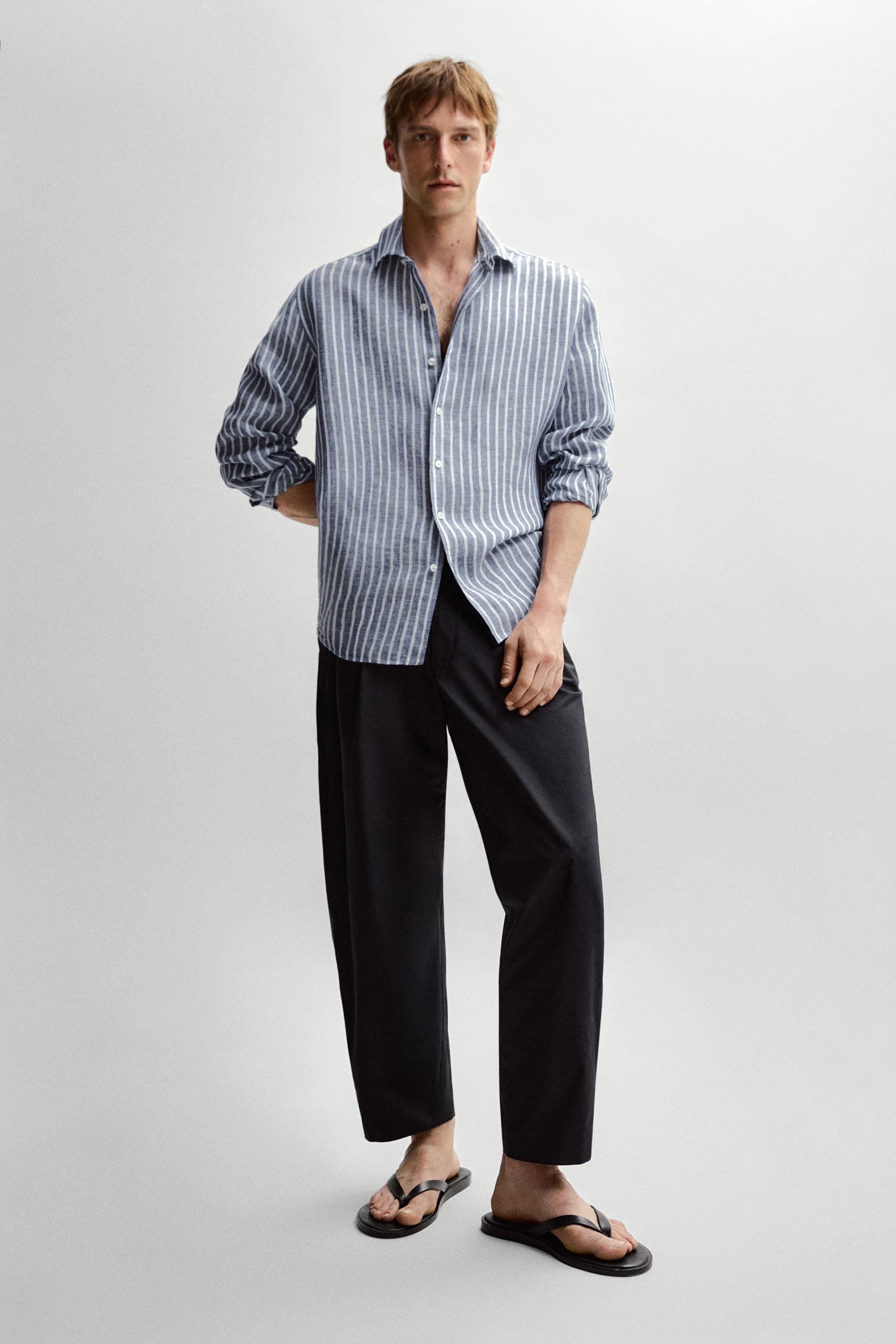 Regular fit striped 100% linen shirt — BLUE