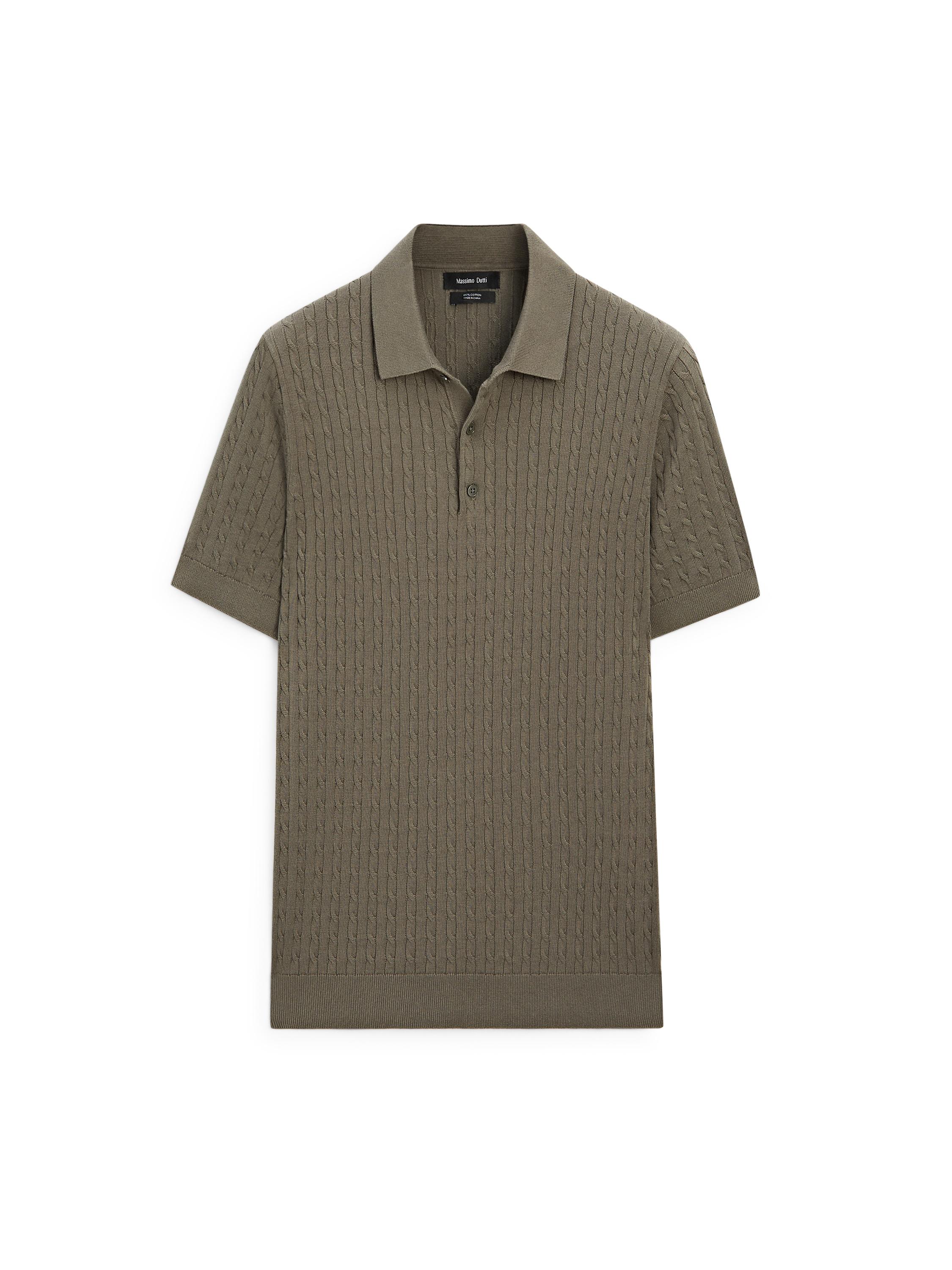 100% cotton cable-knit polo shirt — Khaki