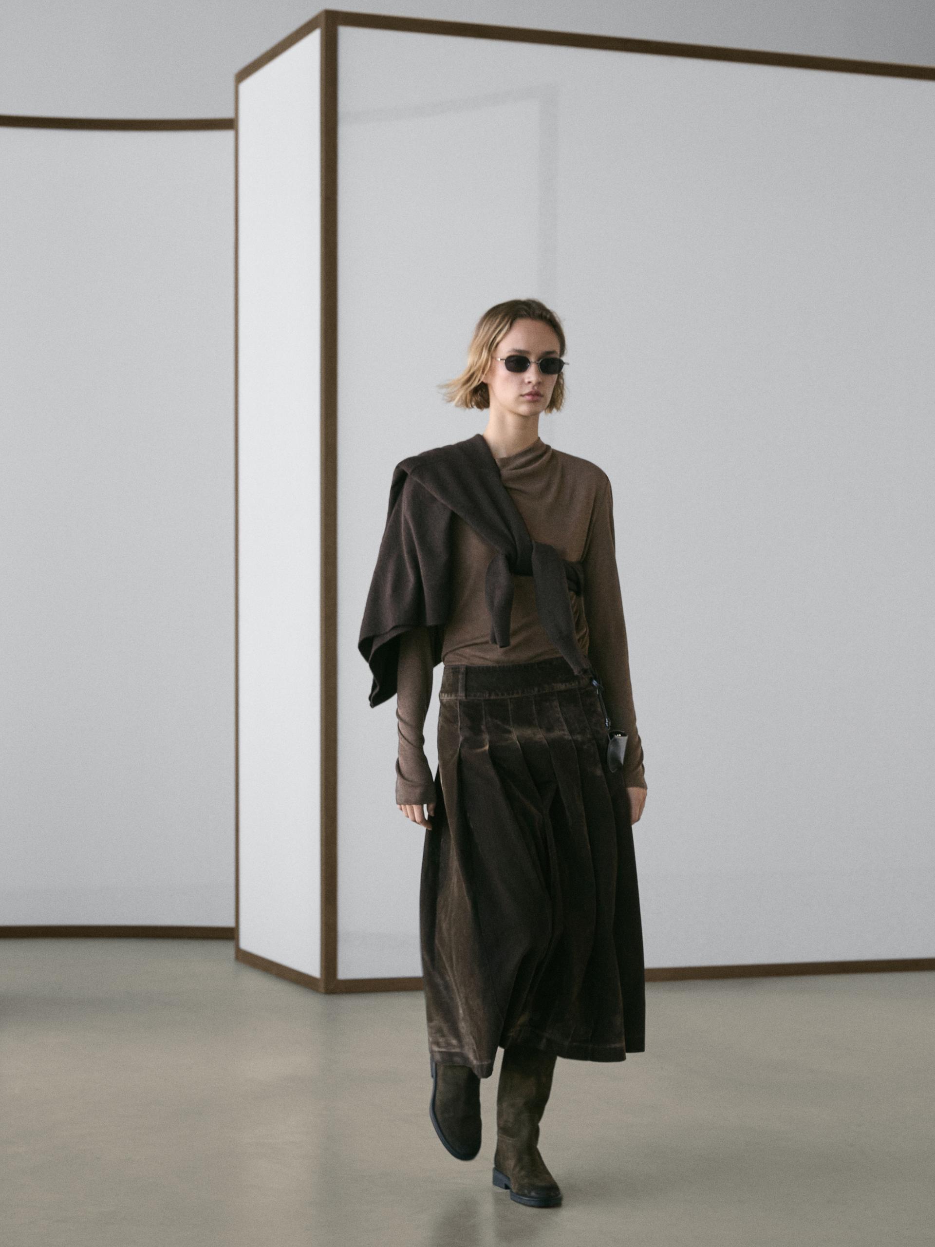 Gonna Midi In Denim A Pieghe - Kaki - Xs - Massimo Dutti - Femminile