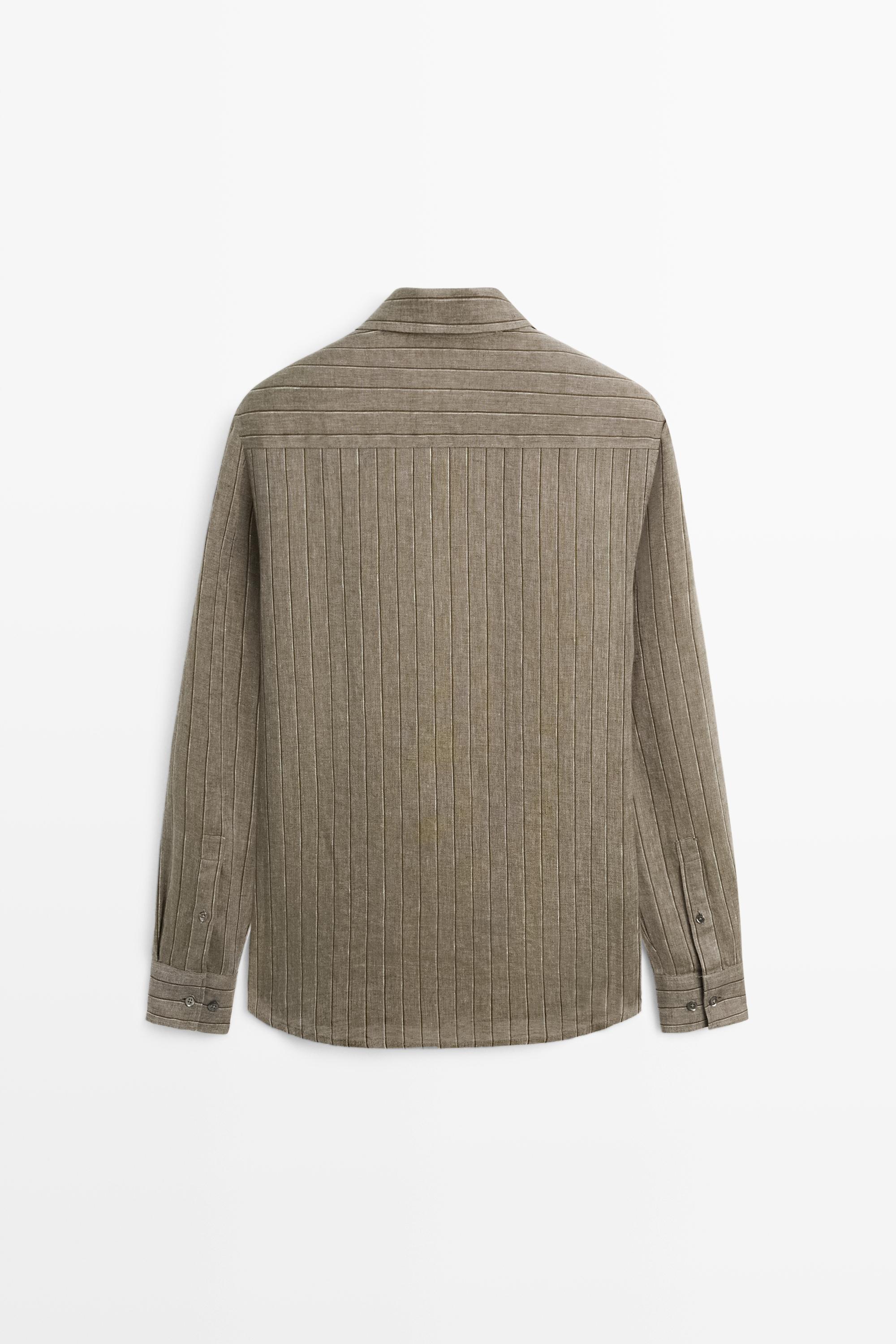100% linen regular fit striped shirt — DARK GREEN