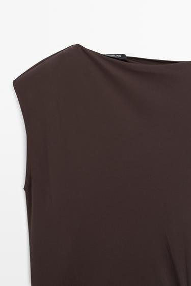 Asymmetric ruched midi dress — BROWN 4