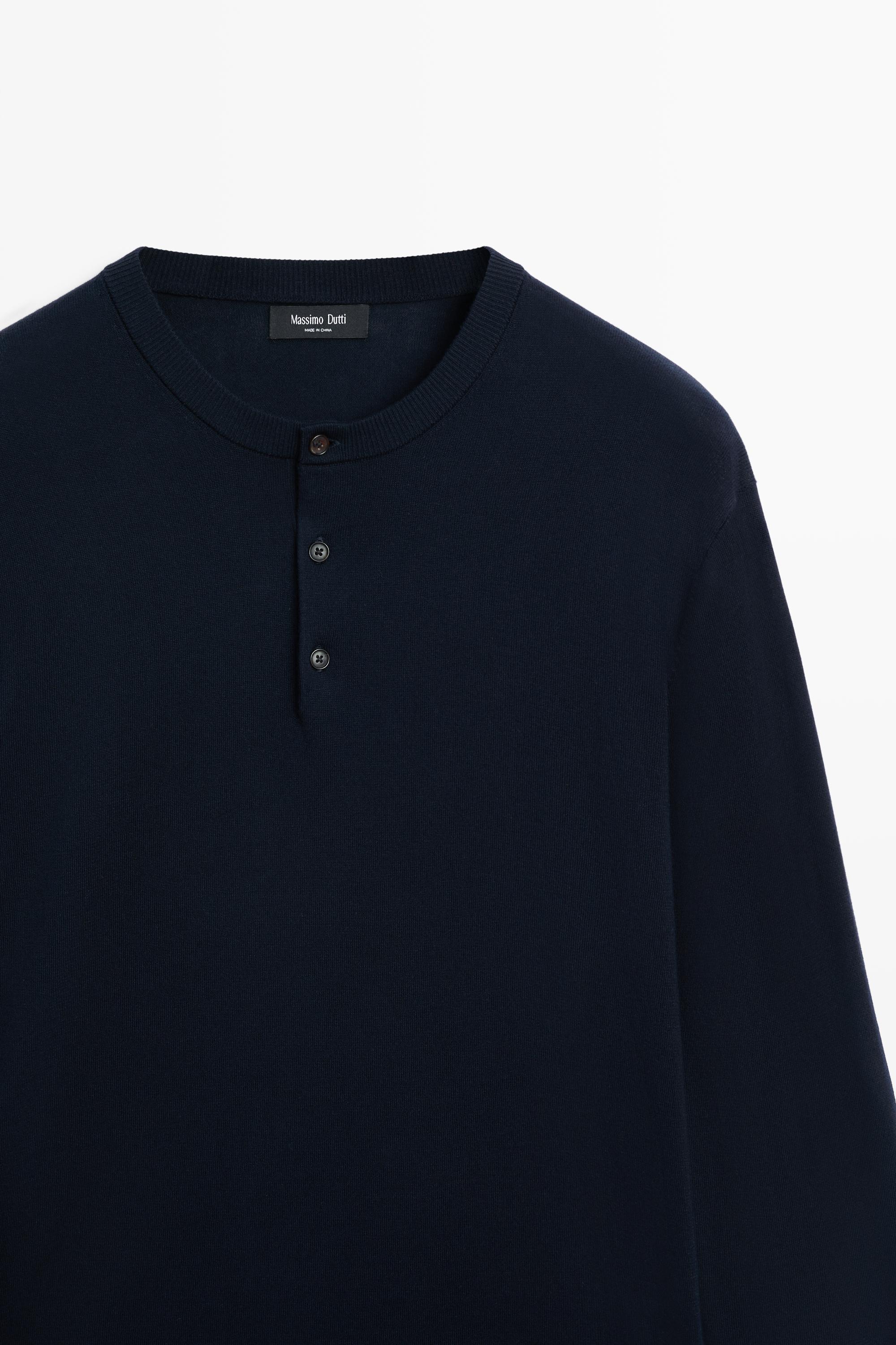 100% Cotton Henley Neck Knit Sweater — NAVY BLUE