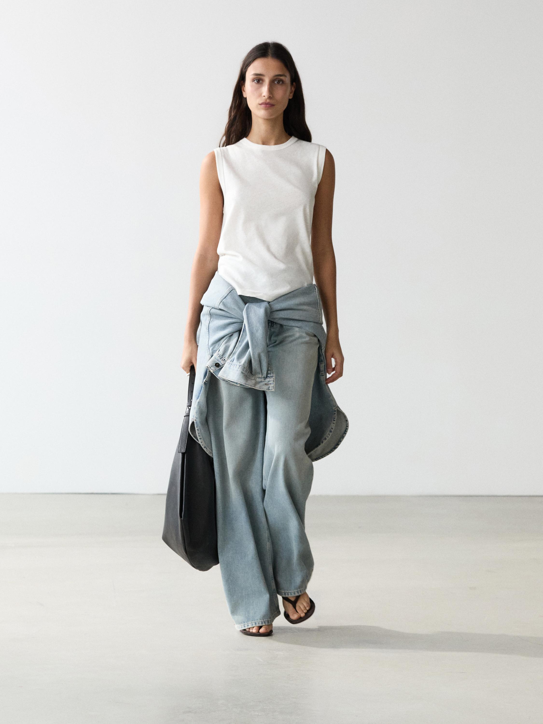 Sleeveless linen blend T-shirt — Off white