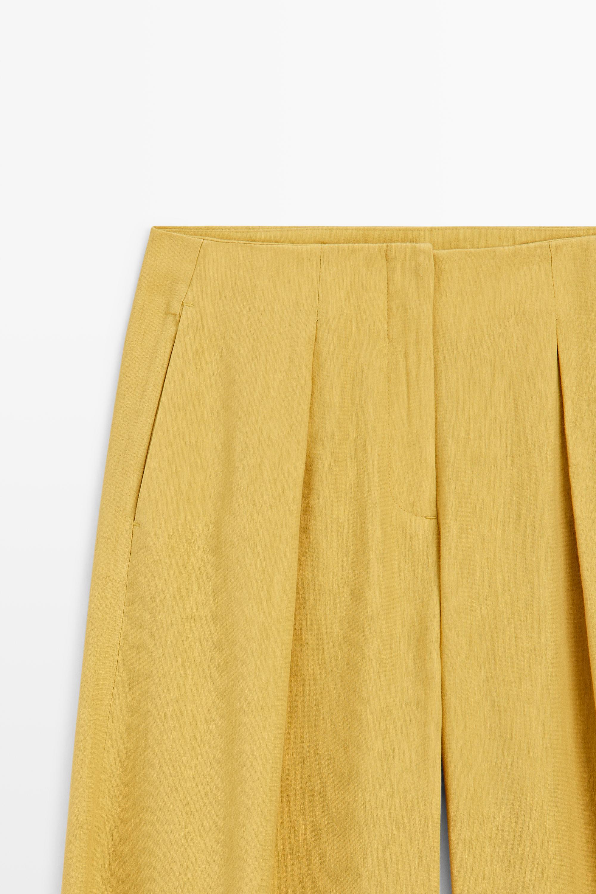 Wide-leg flowing linen blend pleated pants — MUSTARD YELLOW