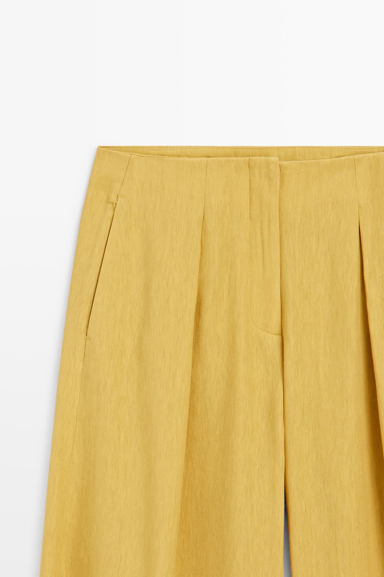 Wide-leg flowing linen blend pleated pants — MUSTARD YELLOW