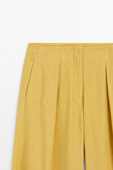 Wide-leg flowing linen blend pleated pants — MUSTARD YELLOW 4