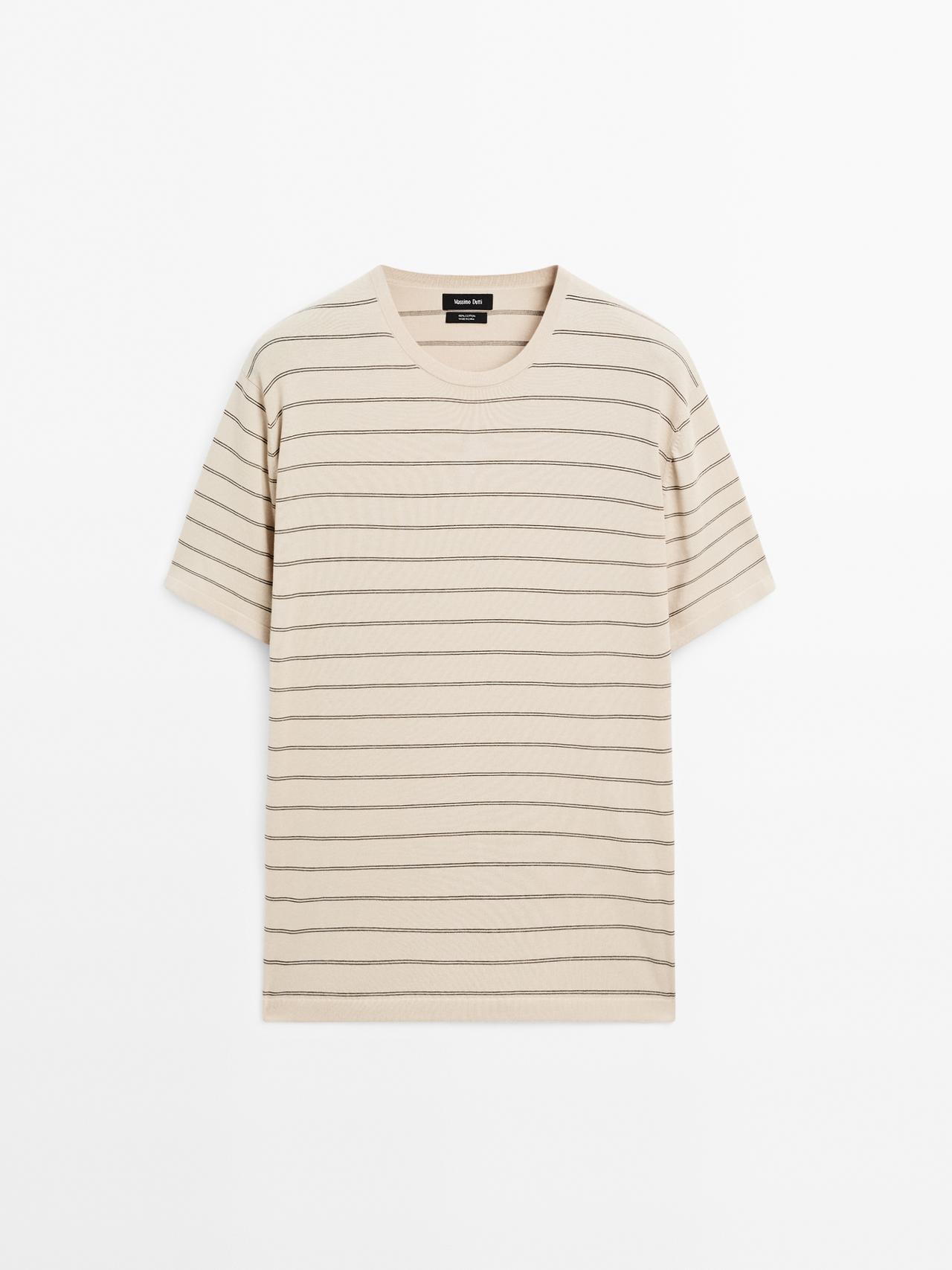Massimo Dutti - Heren - Gestreept Lichtgewicht Tricot T-Shirt - Ecru - Xl
