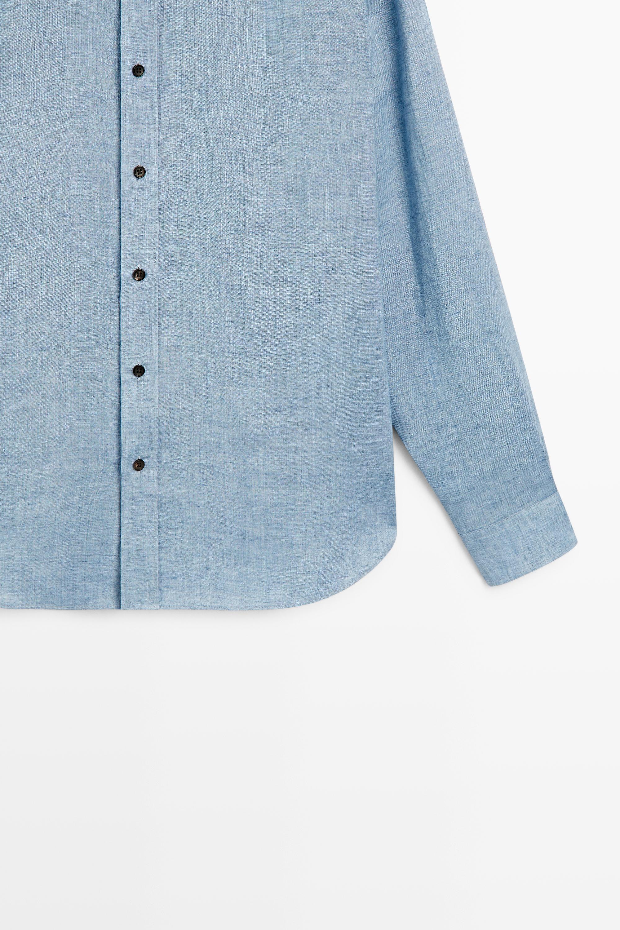 Regular fit contrast button 100% linen shirt — BLUE