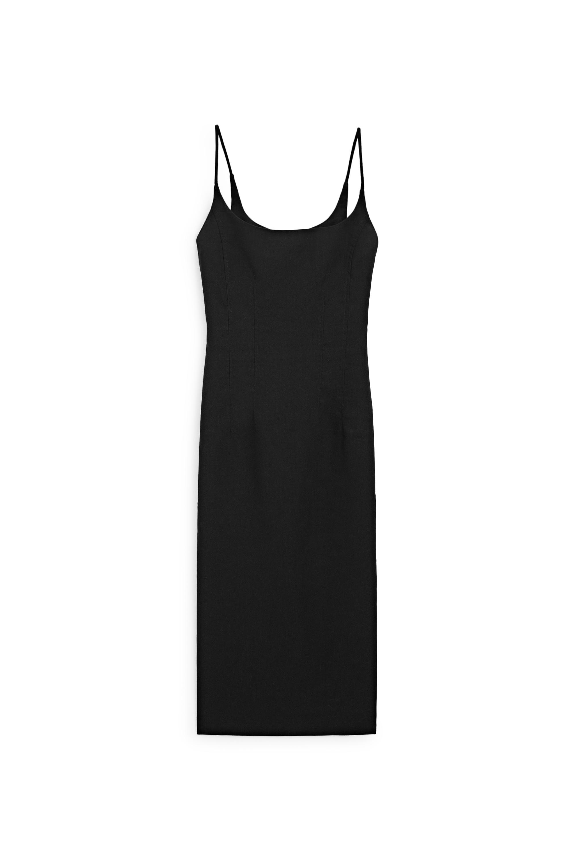 Linen-blend thin strap midi dress — BLACK