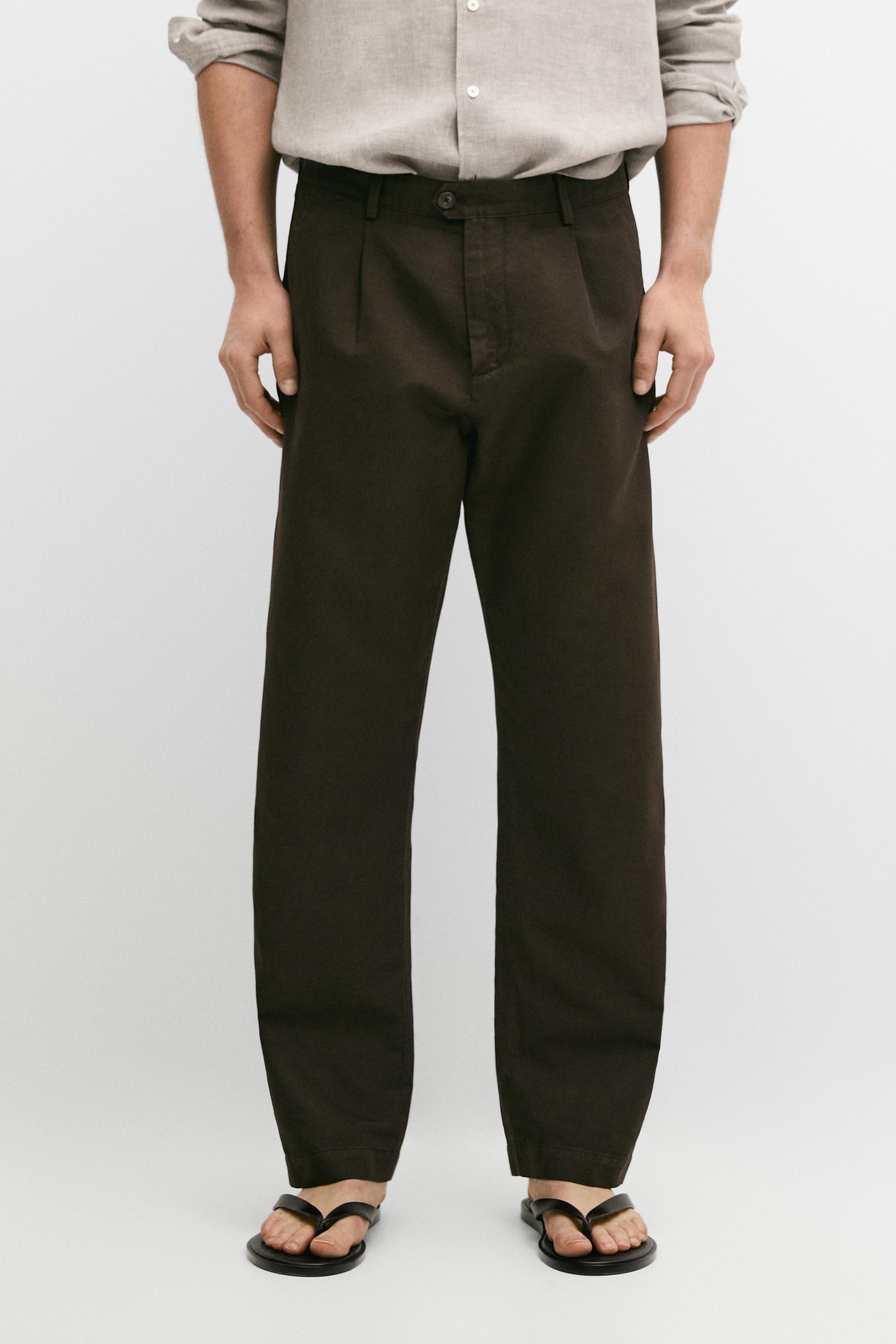 Calças direitas com pinças de linho e algodão