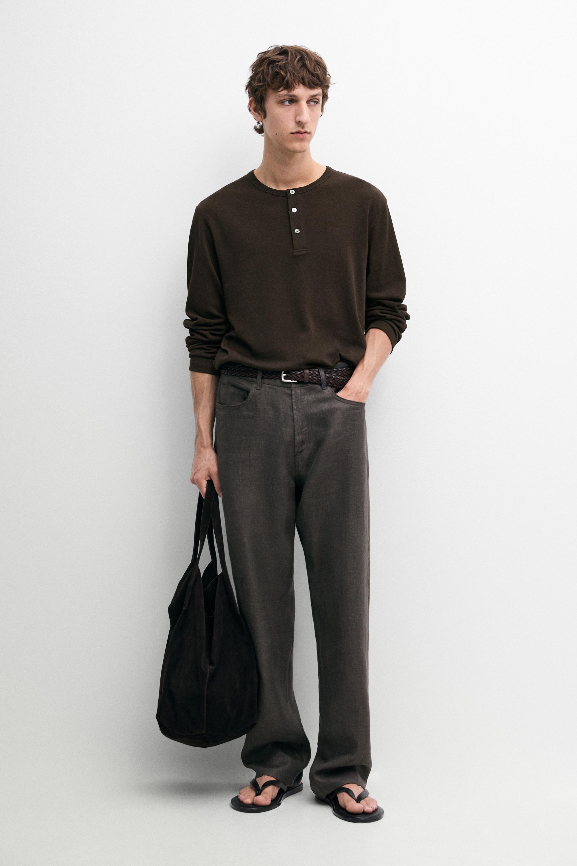 Long sleeve henley neck T-shirt — BROWN