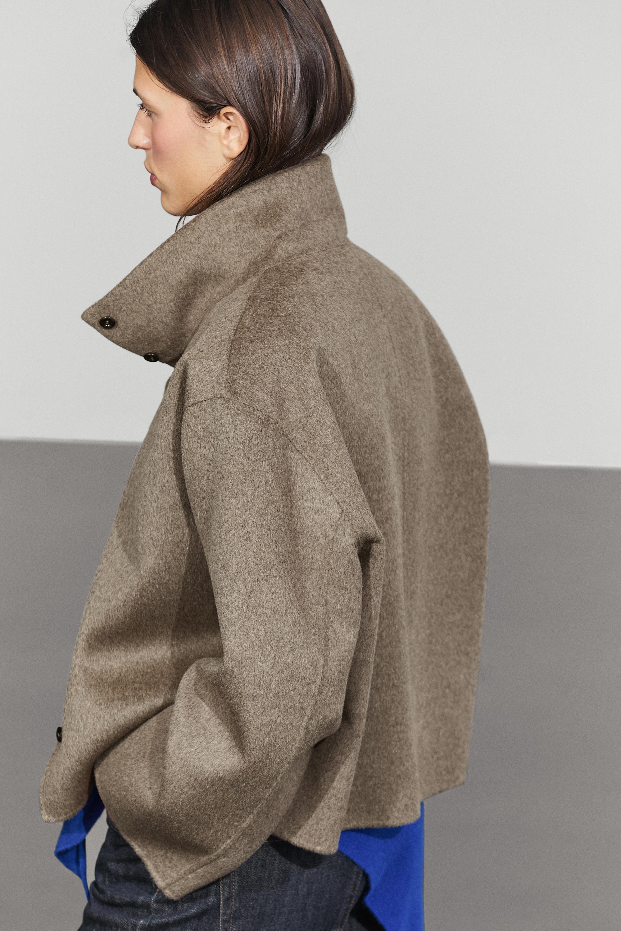 Wool blend stand collar jacket — BROWN