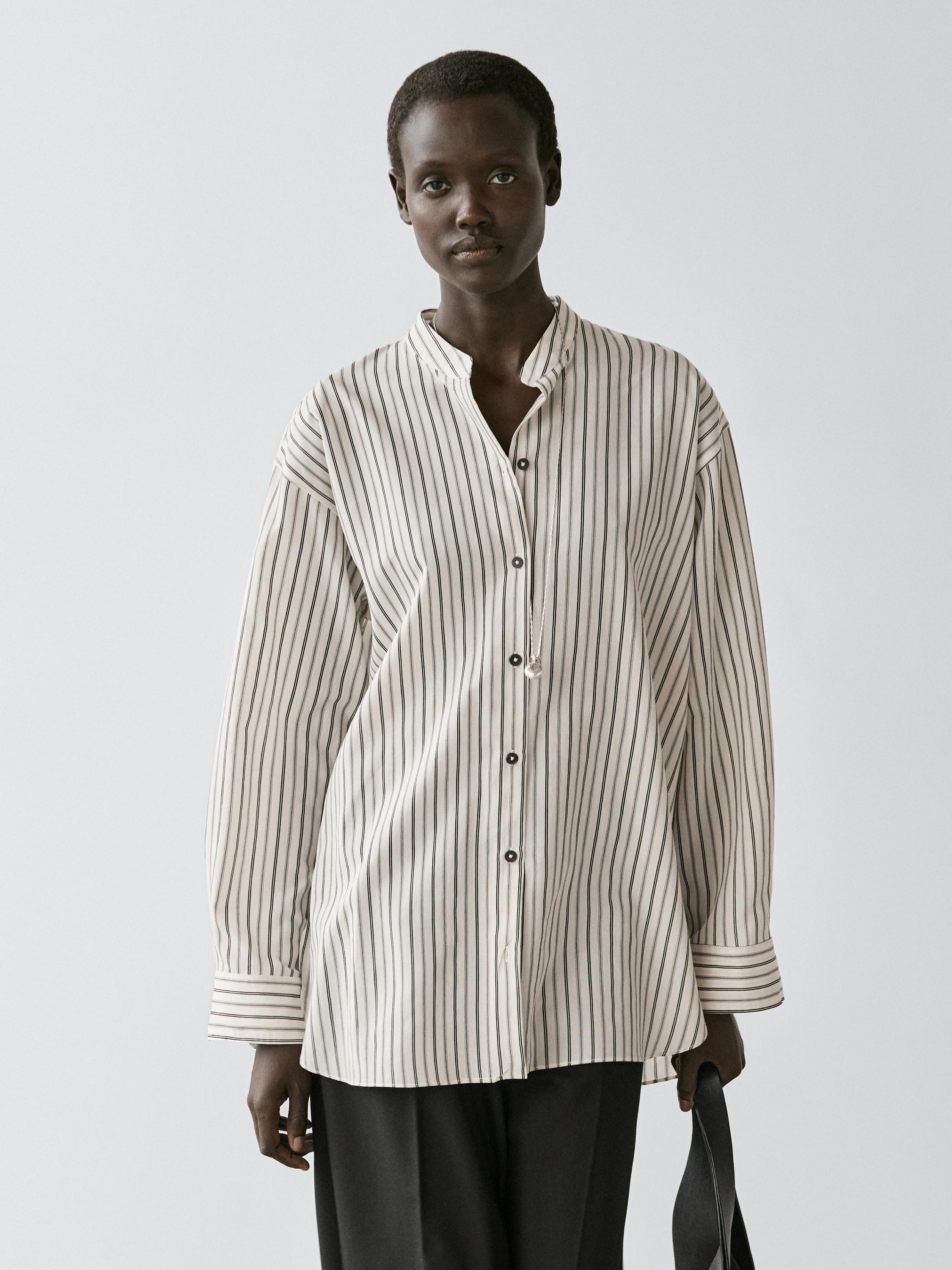 Striped flowing shirt with stand collar