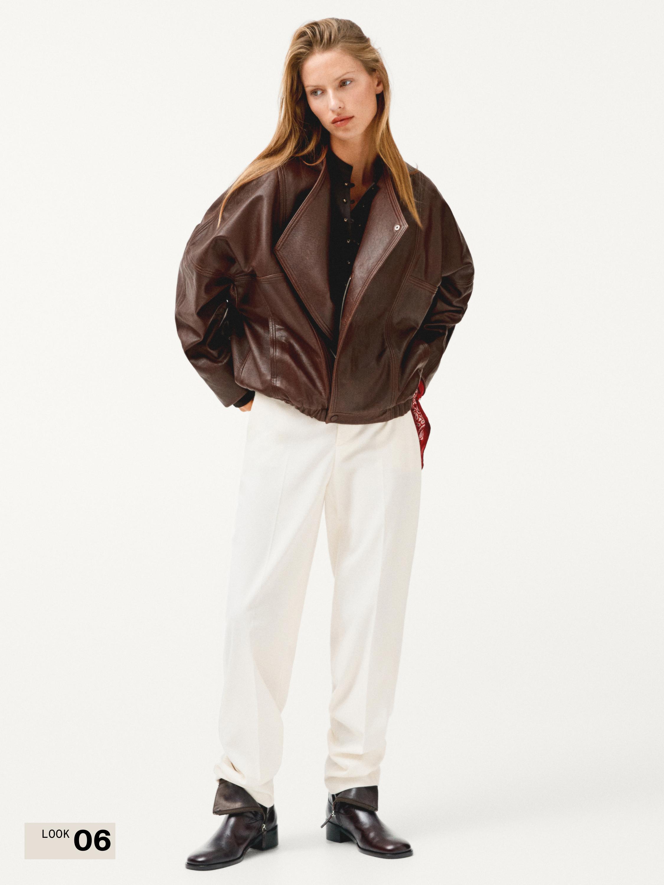 Asymmetric nappa leather bomber jacket — BROWN