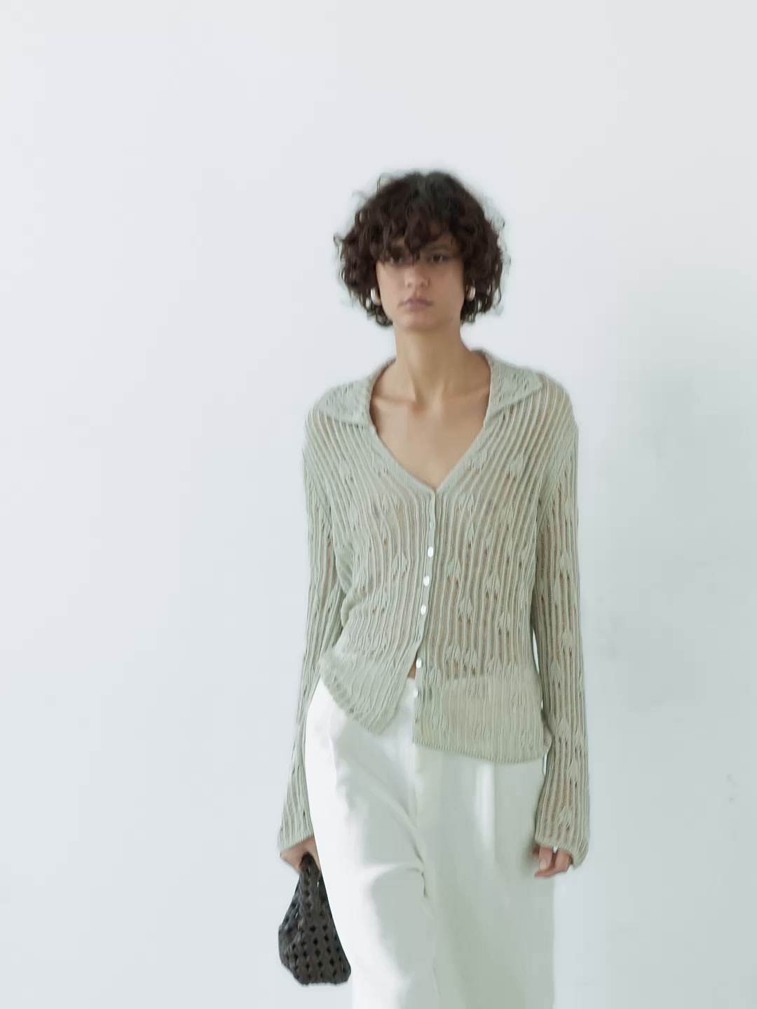 Cutwork cardigan with polo collar