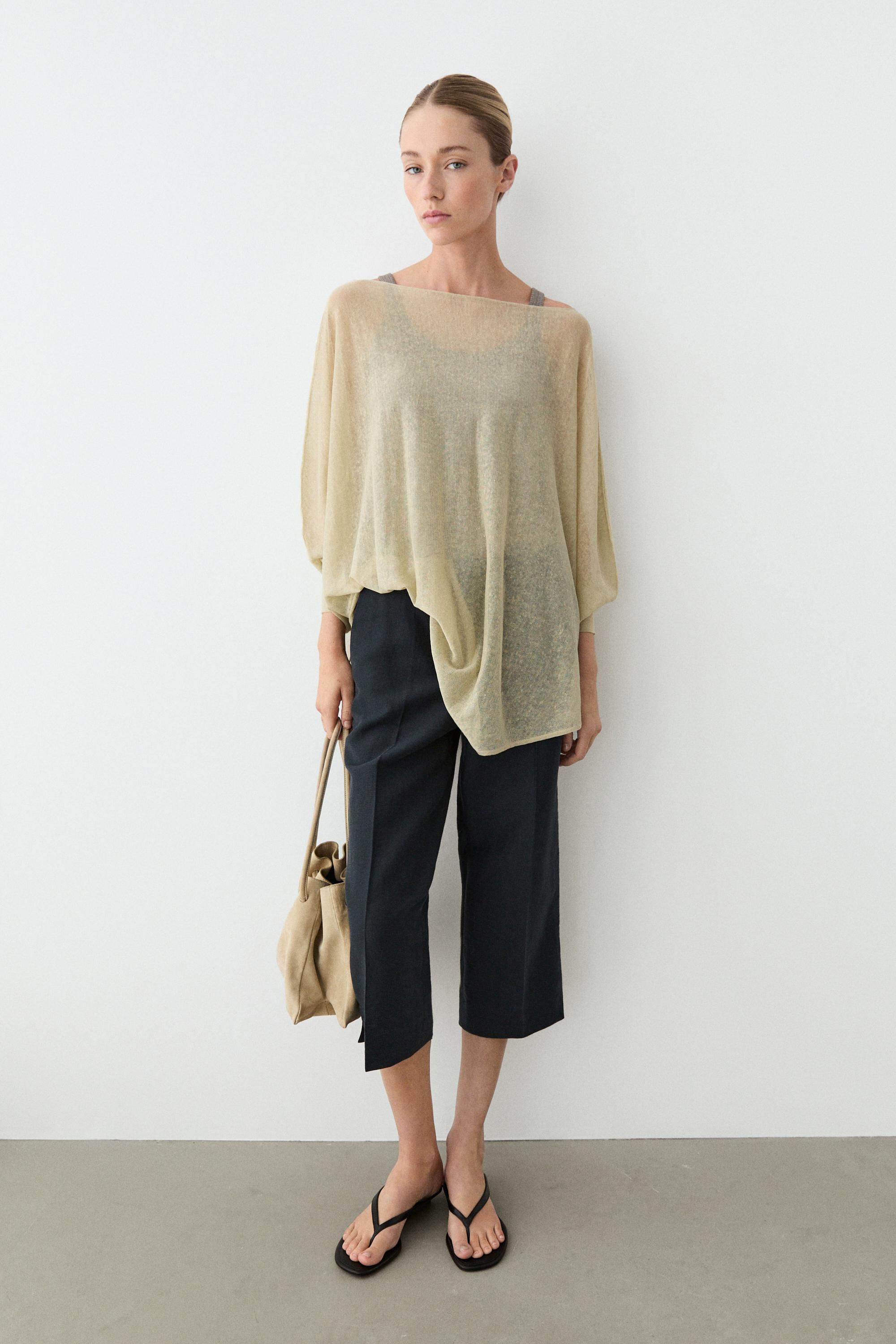 Linen blend flowing cape-style sweater — SAND