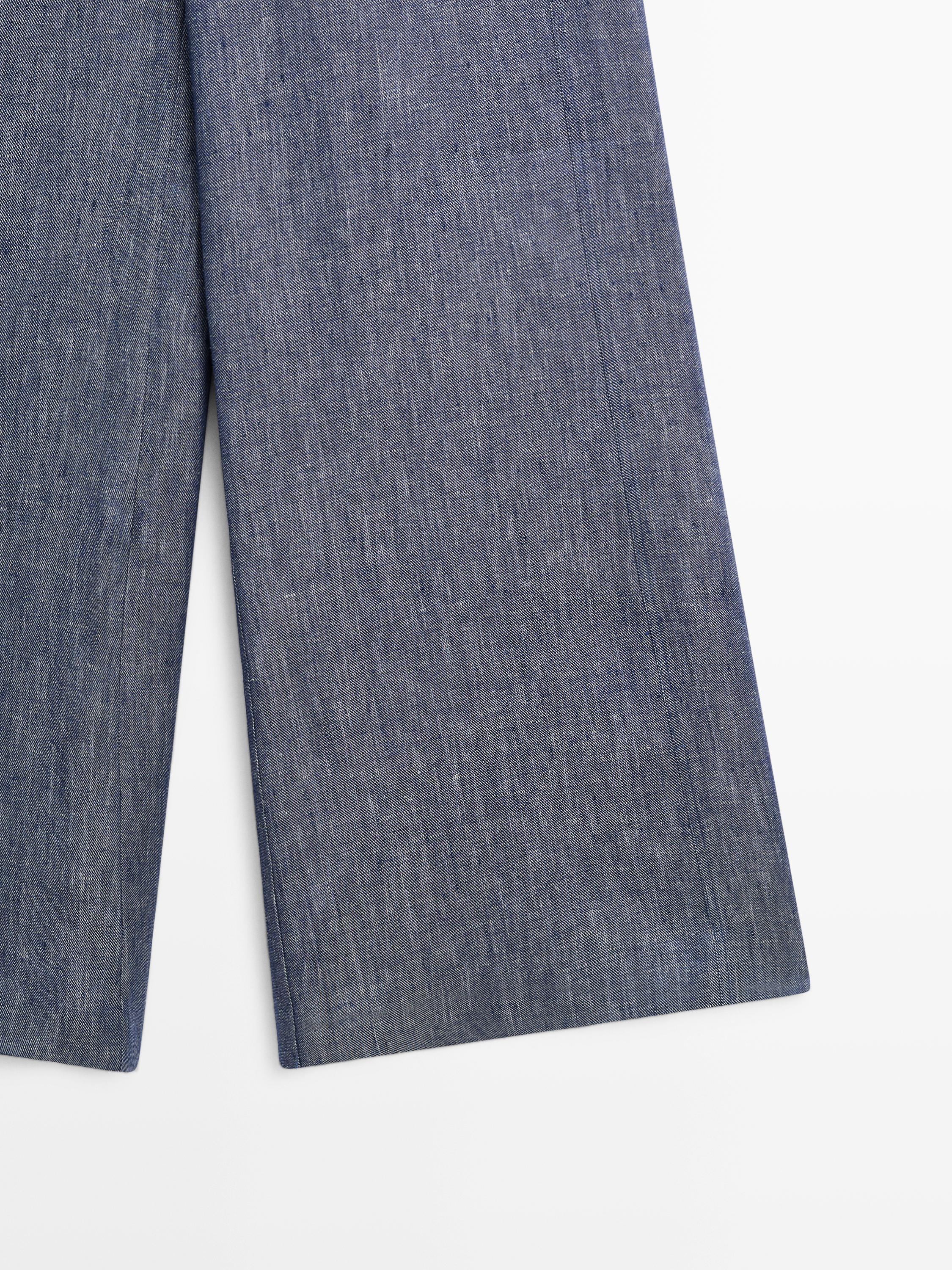 High-waist linen palazzo trousers — Dark Blue