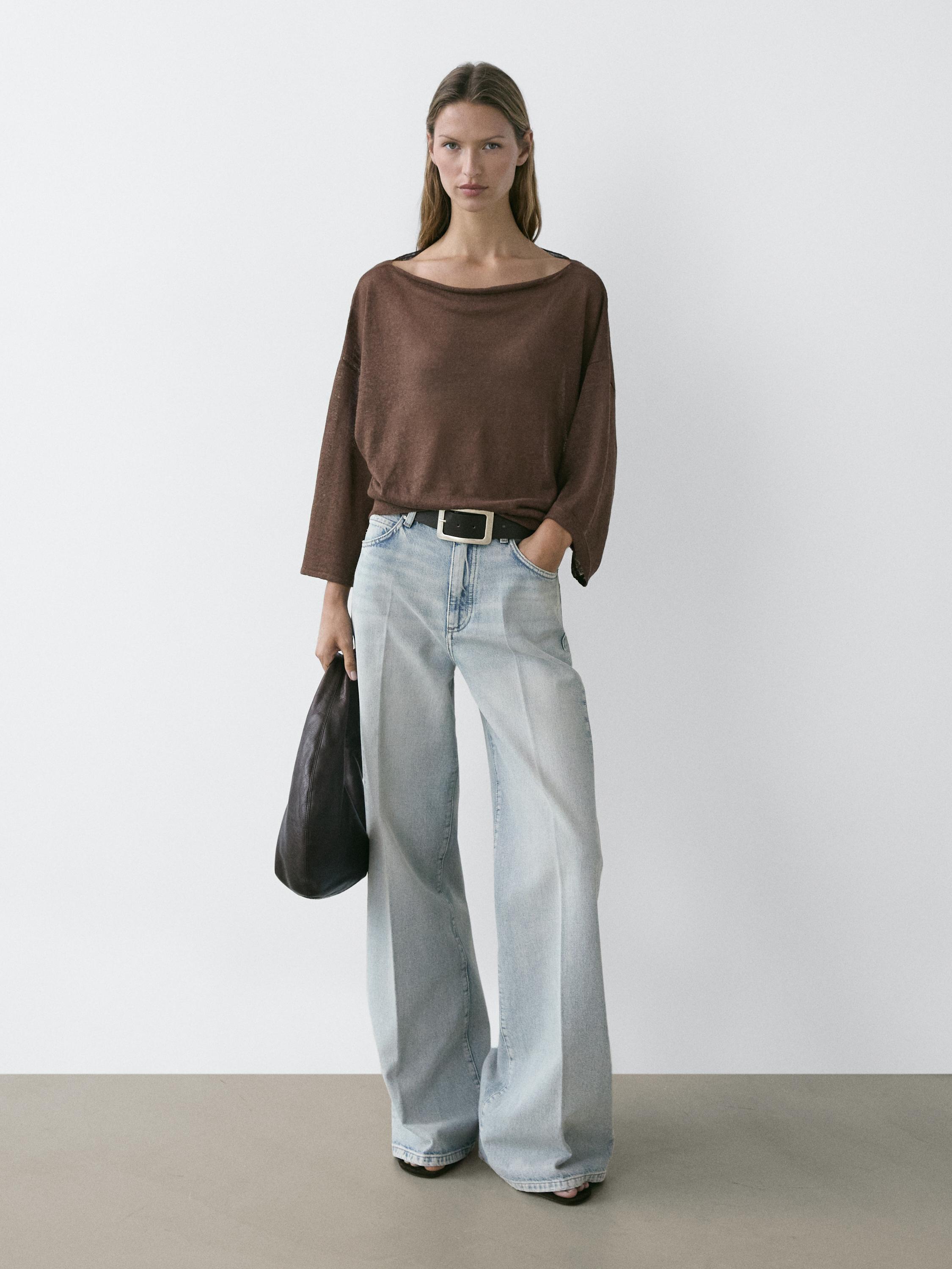 Linen knit boat neck T-shirt — BROWN