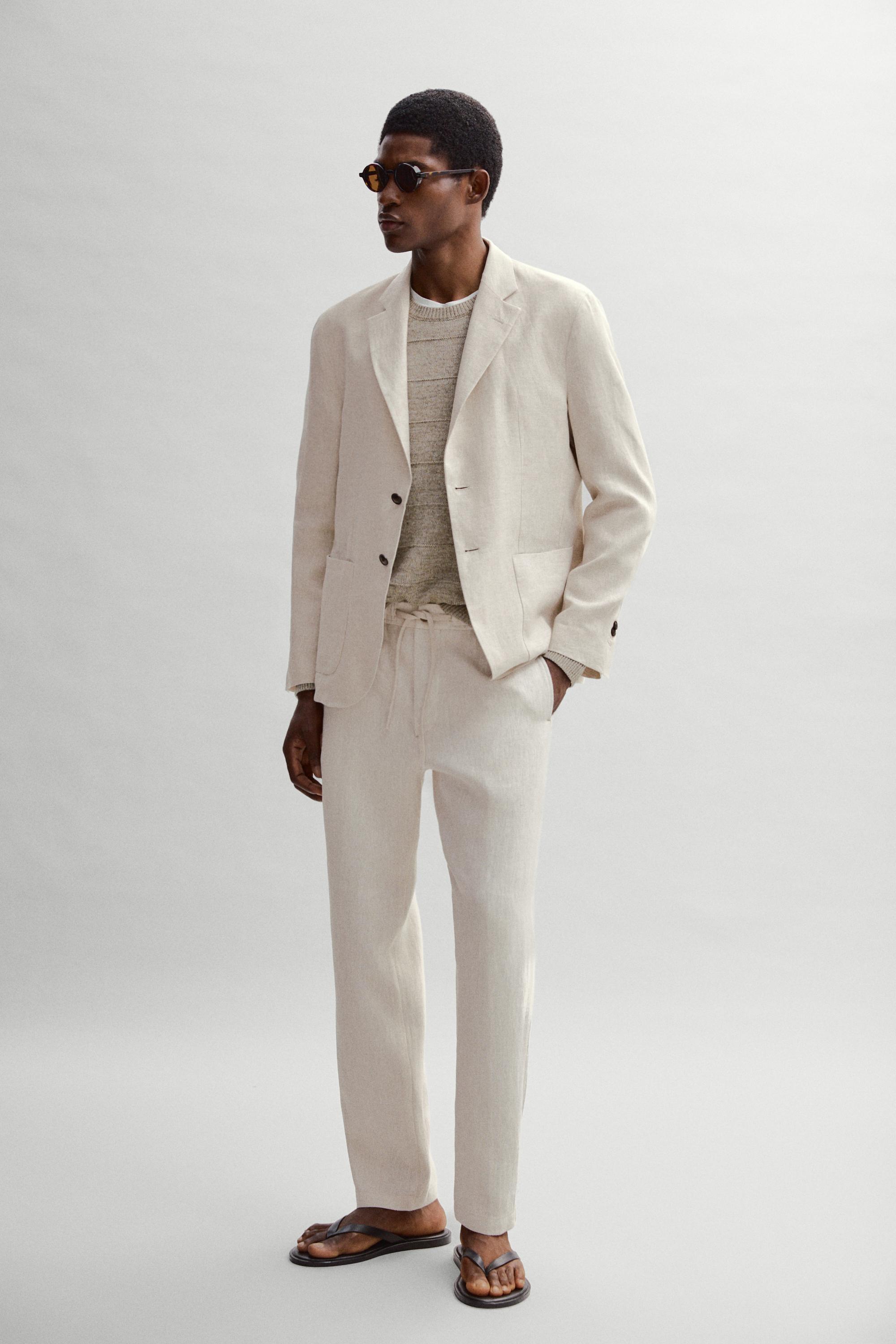 100% linen suit blazer with pocket details — CREAM