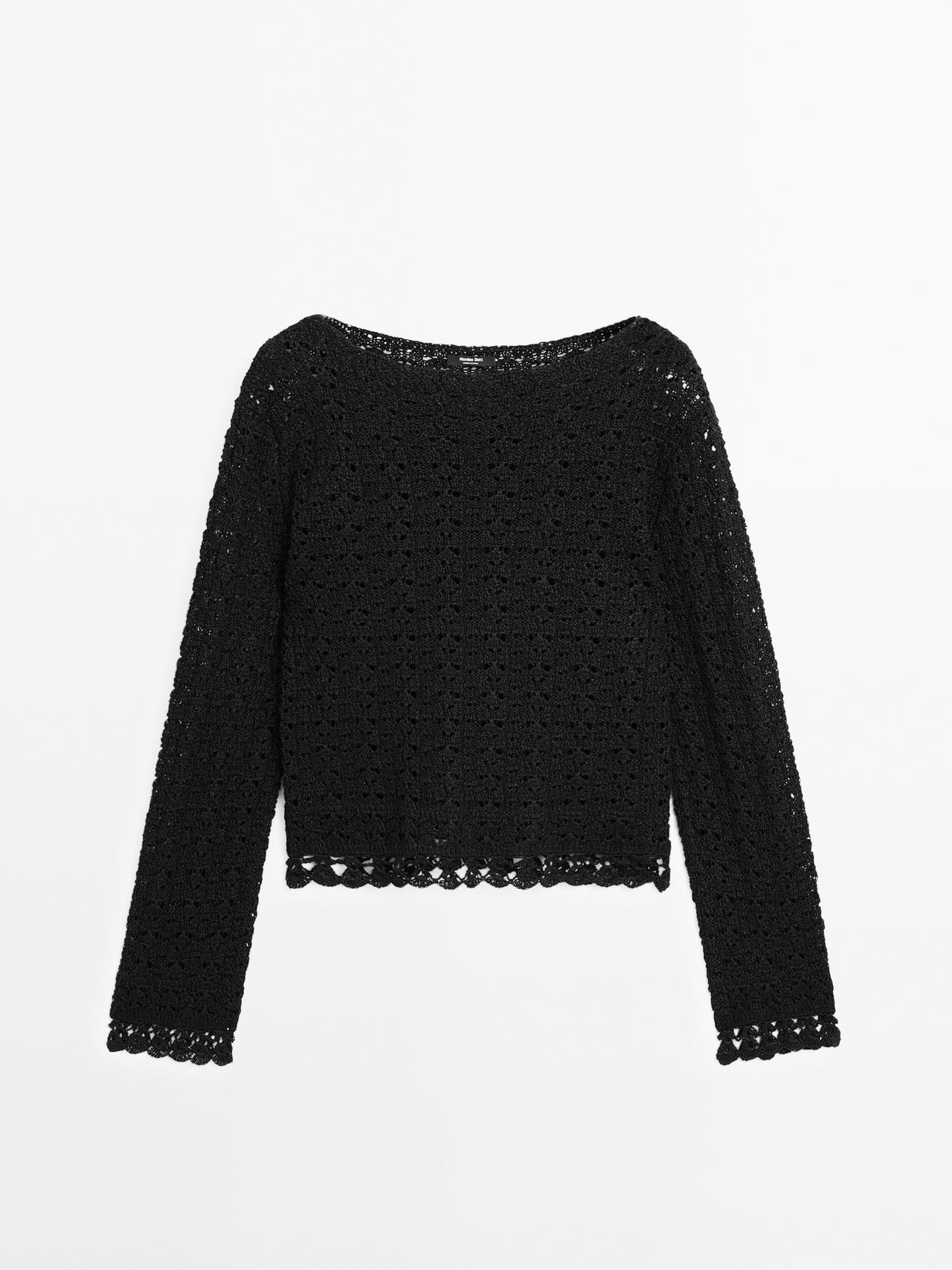 Massimo Dutti - Dame - Hæklet Trøje I Bomuldsblanding Med Hulmønster - Sort - L
