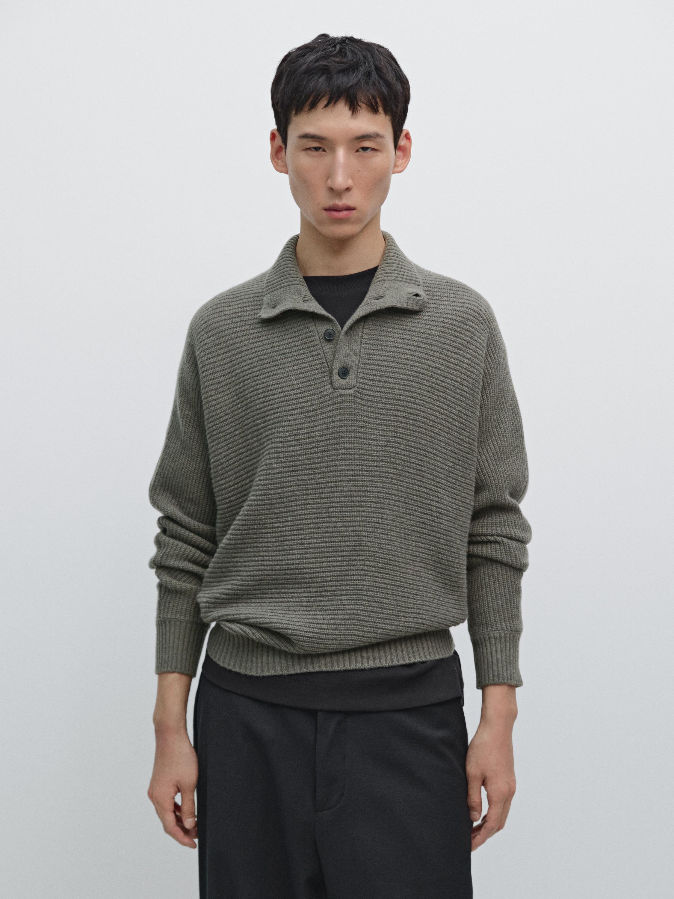 Wool blend knit polo sweater