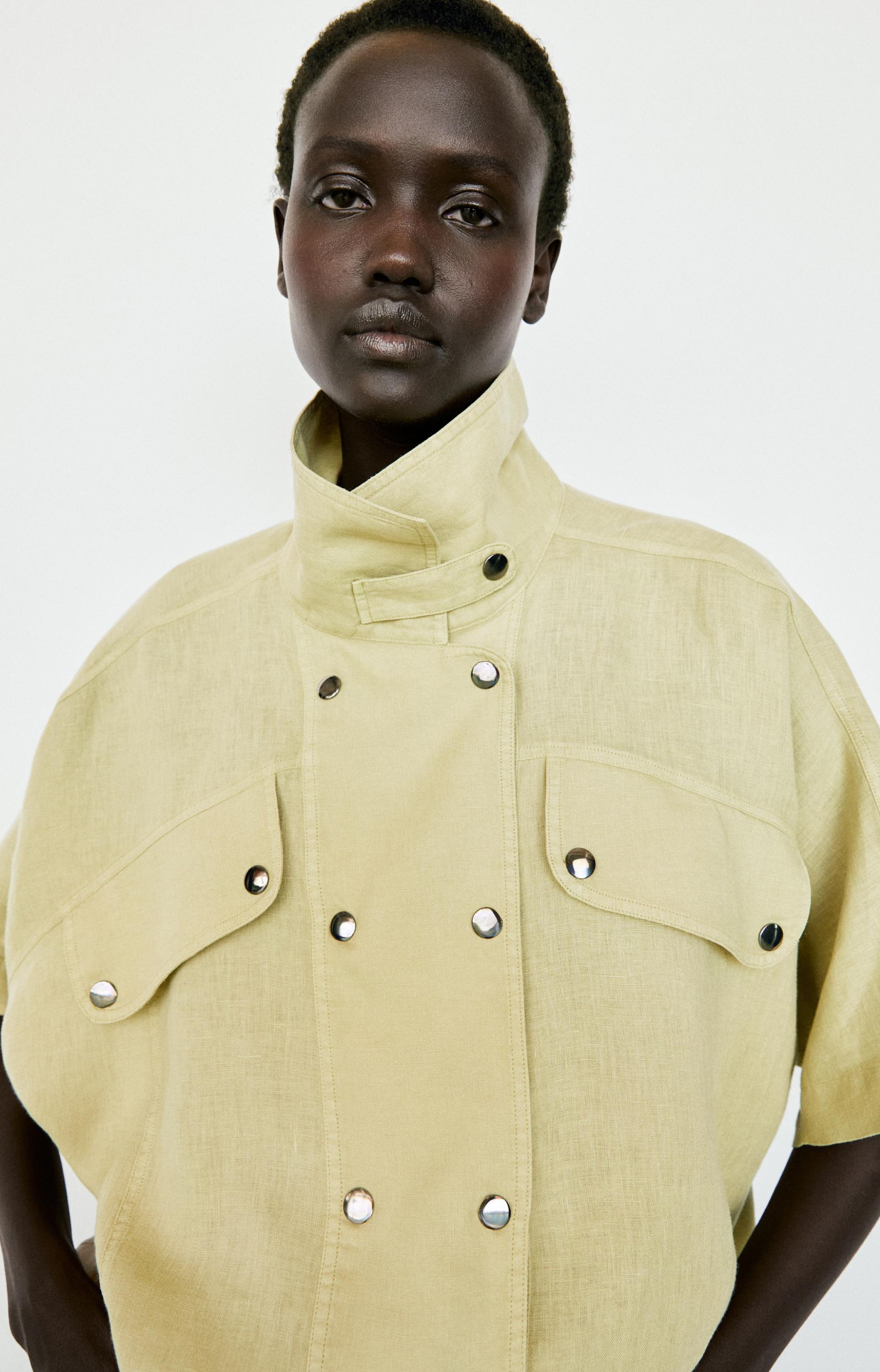 Short sleeve linen snap button shirt — LIME