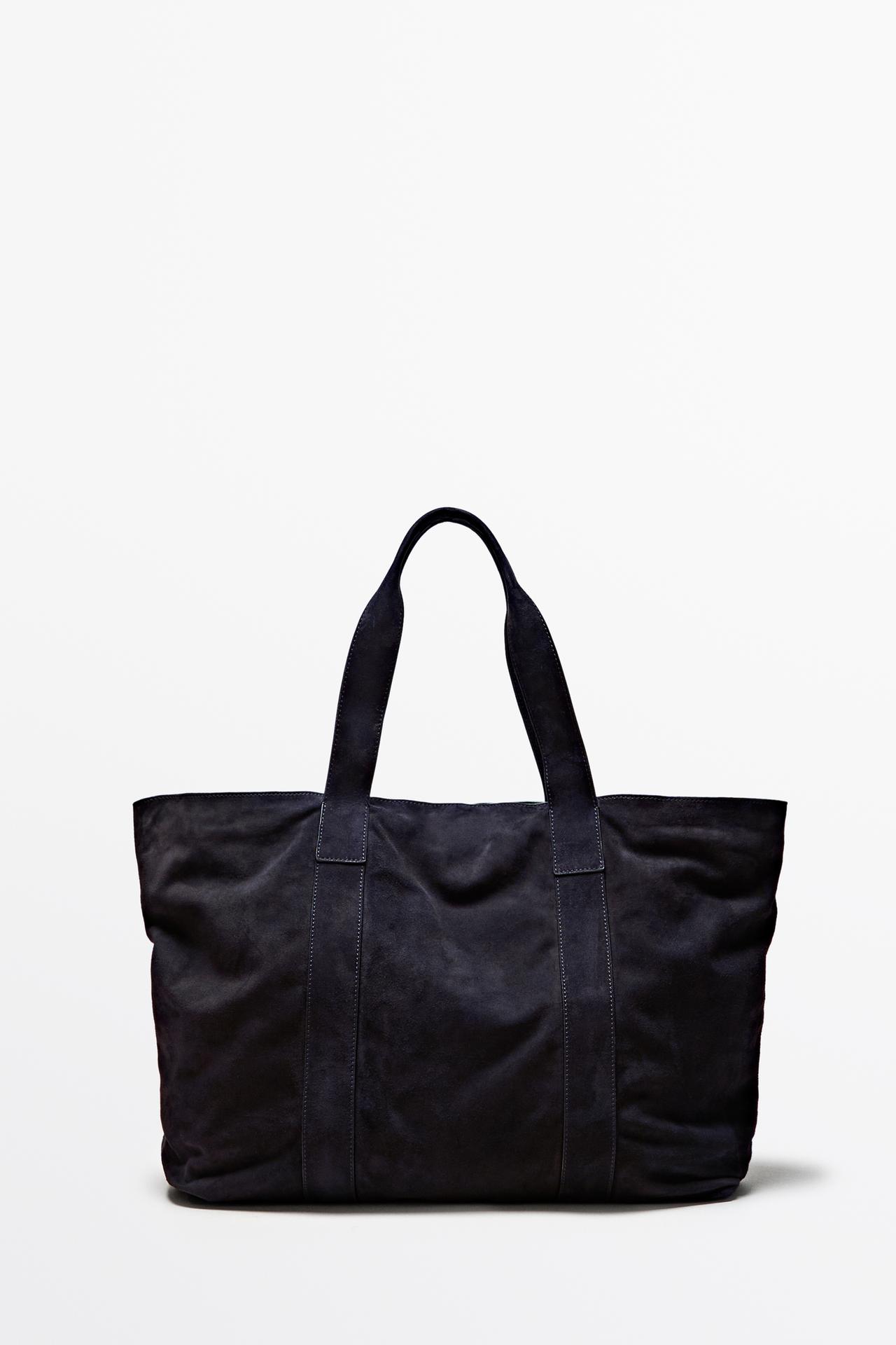 Split suede leather tote bag — NAVY BLUE