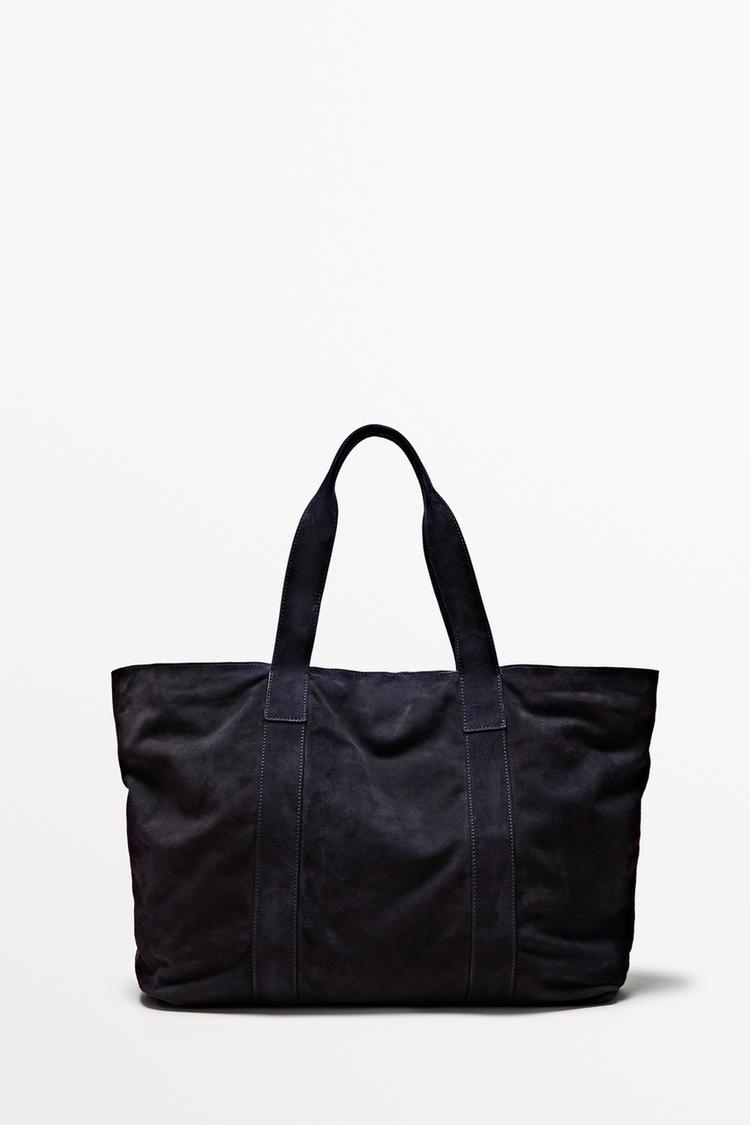Split suede leather tote bag — NAVY BLUE
