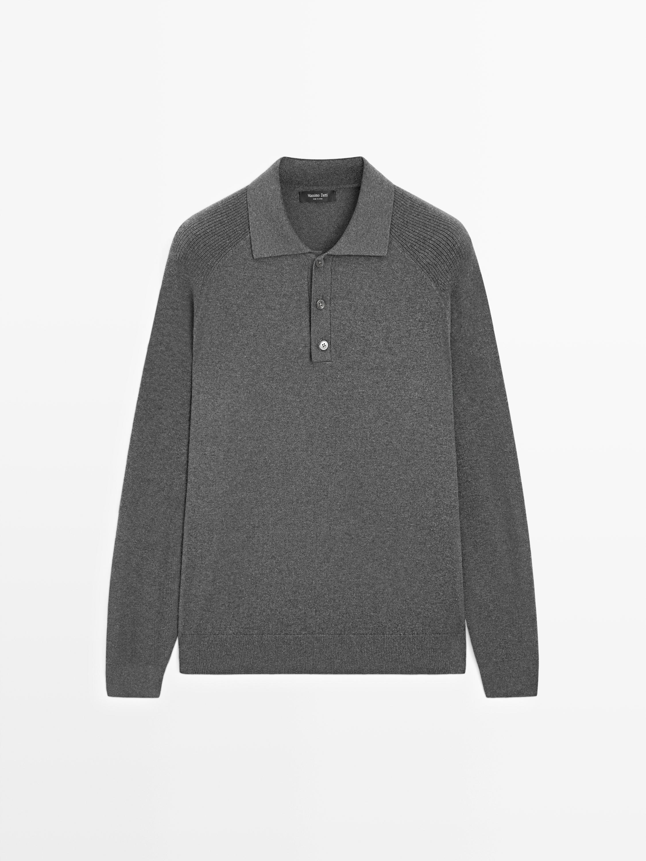 Cotton blend knit polo sweater — MEDIUM GREY