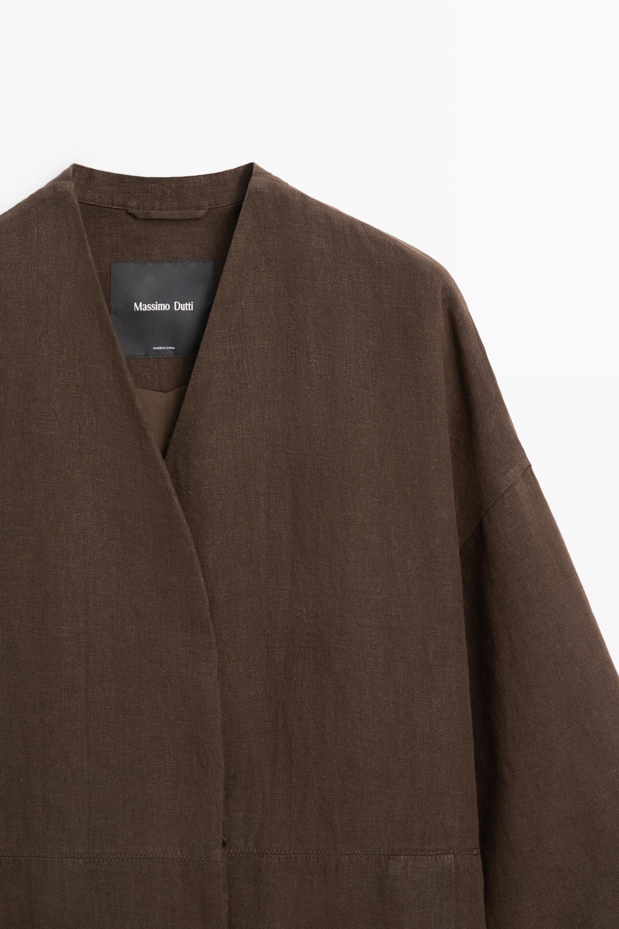 100% linen double-breasted coat with no collar — BROWN