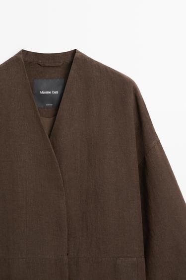 100% linen double-breasted coat with no collar — BROWN 4