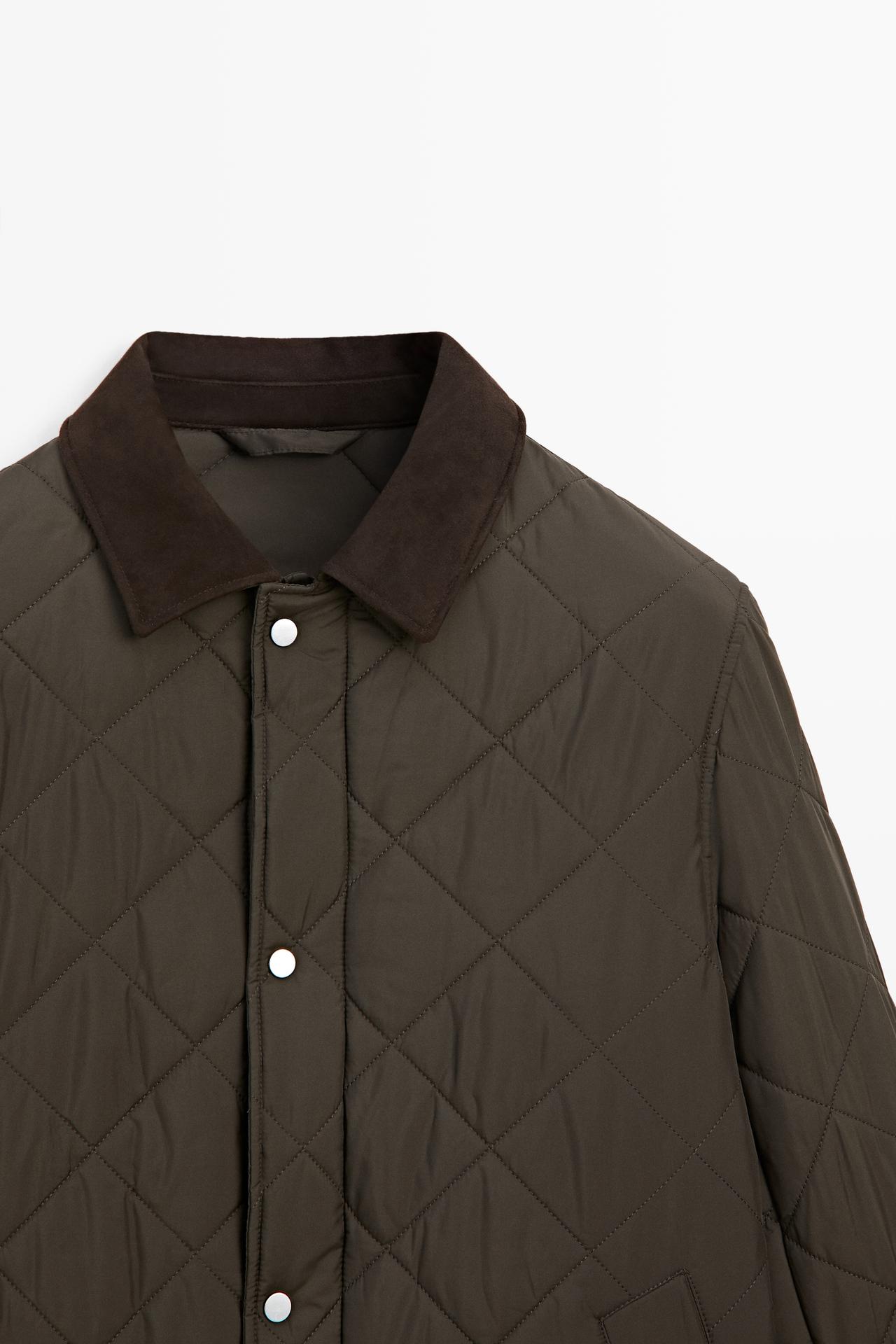 Long quilted jacket with corduroy collar — BROWN MARL