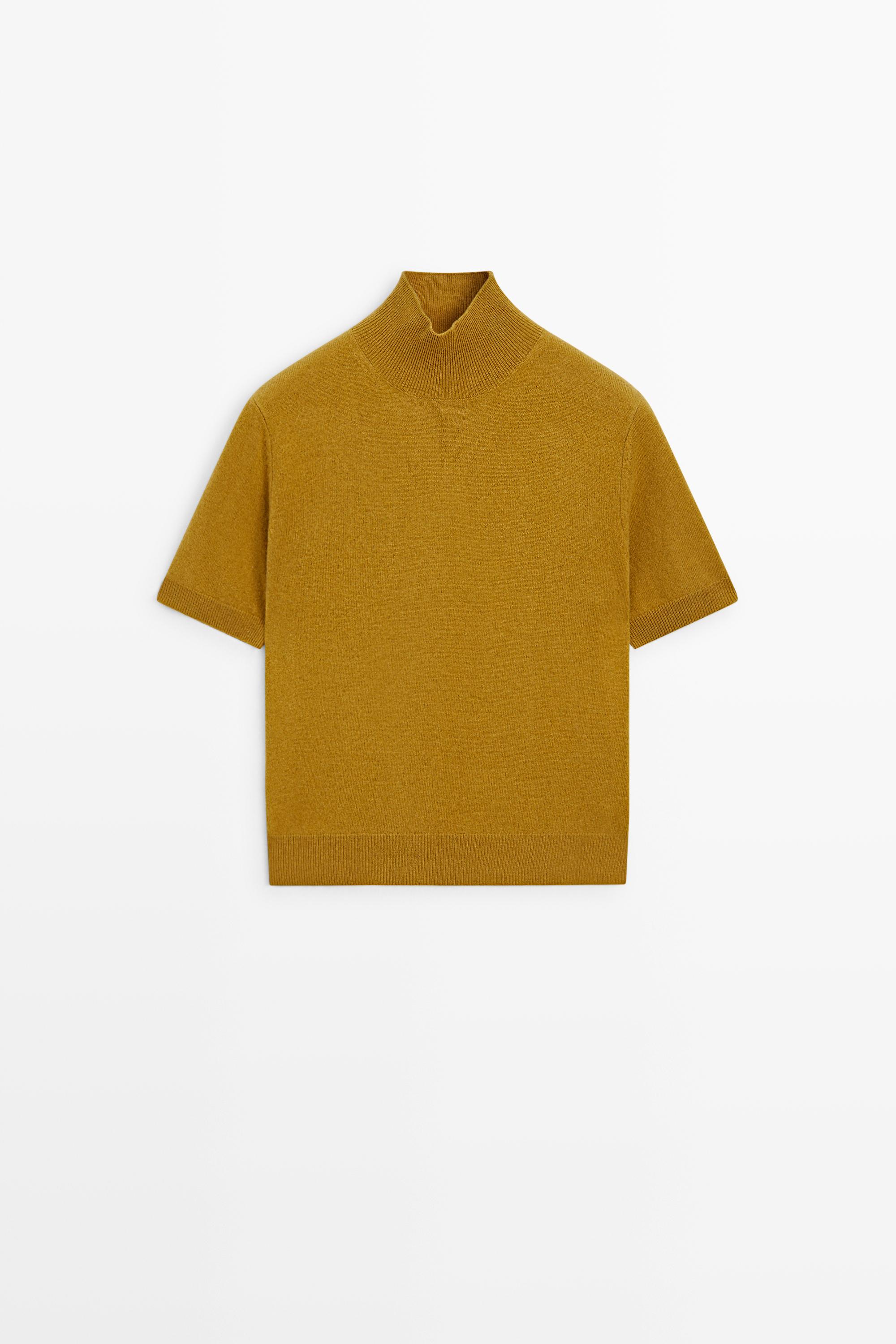 Wool-cashmere blend short sleeve knit sweater — MUSTARD YELLOW