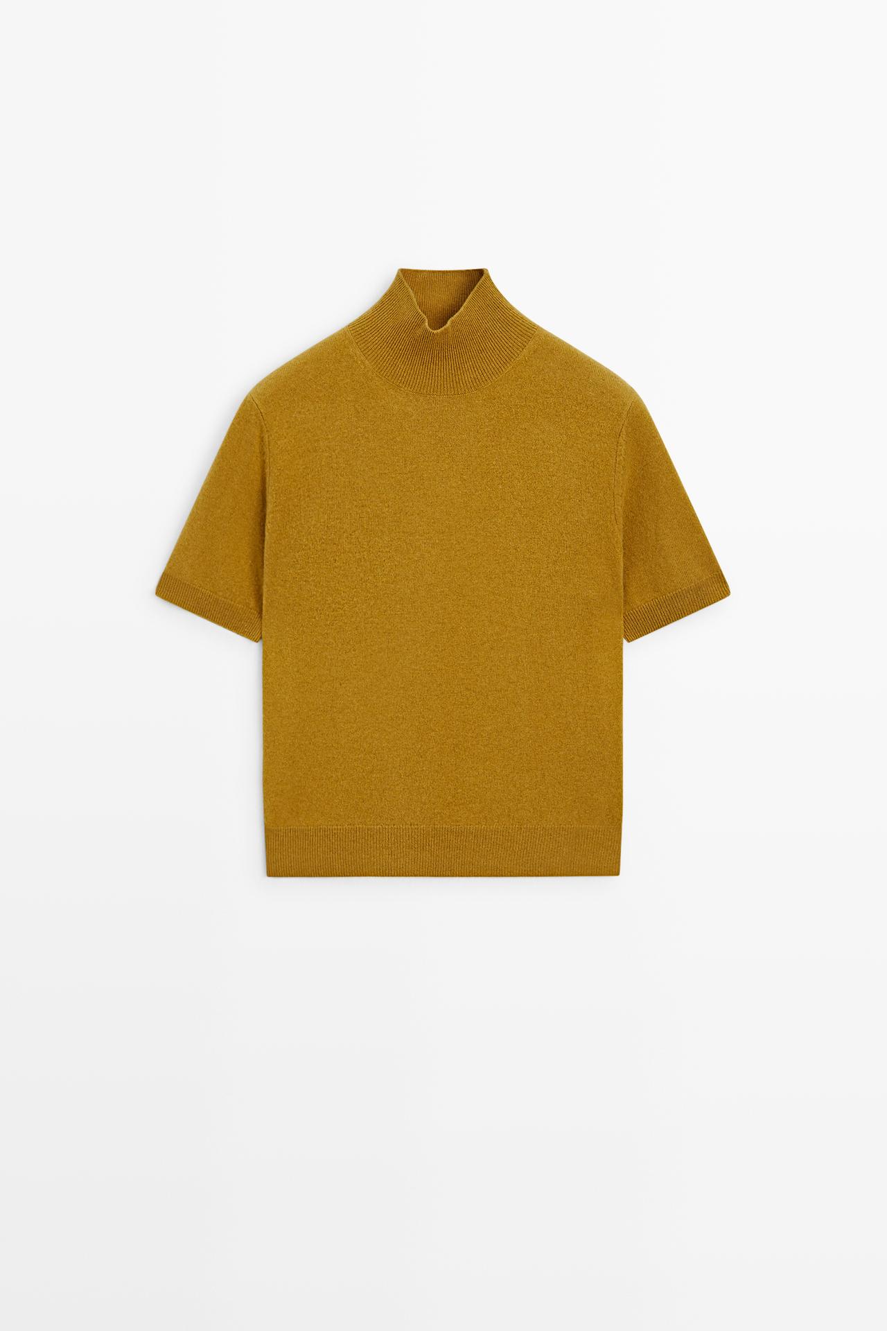 Wool-cashmere blend short sleeve knit sweater — MUSTARD YELLOW